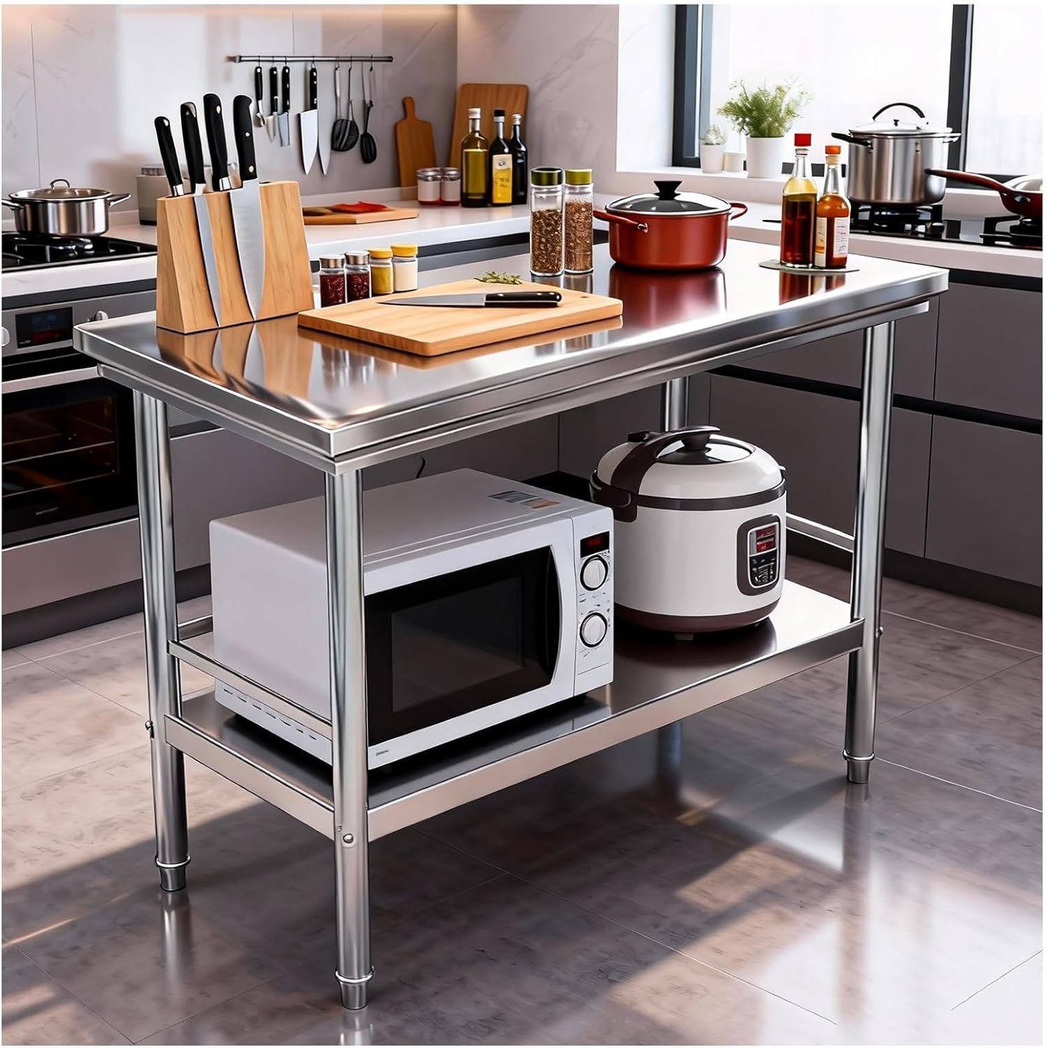 Stainless Steel Workbench with Edge Trim Design 2-Tier Storage Shelves Heavy-Duty Construction Kitchen Work Table H80cm (31.5") Ample Space High Load Capacitility Superior Security