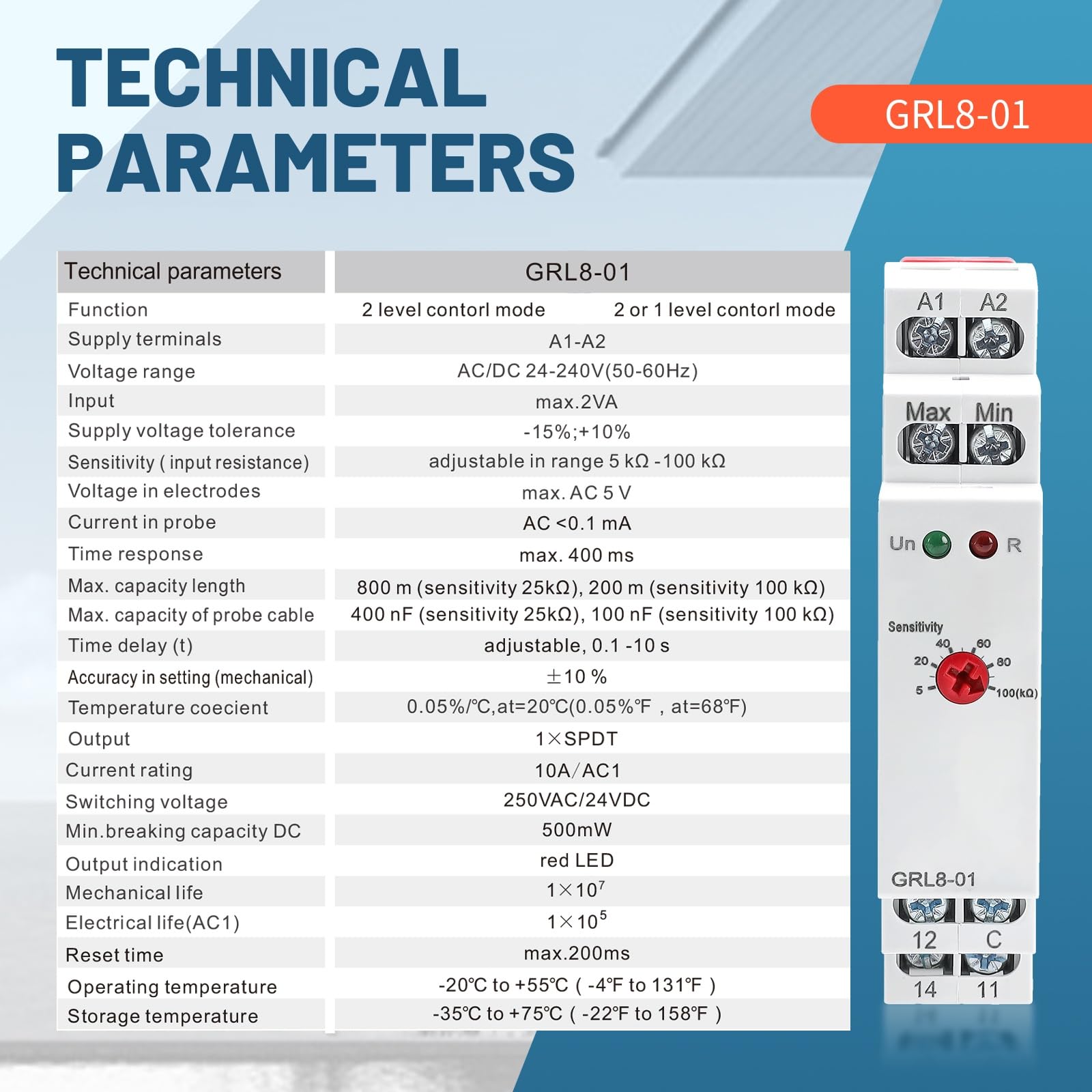 Relais de Contrôle du Niveau de Liquide 1SPDT GRL8-01+Capteur AC/DC 24-240V