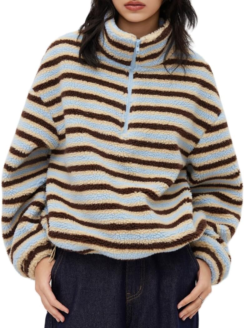 Mxiqqpltky Y2K Fleece Sweatshirt for Women Trendy Half Zip Long Sleeve Striped Sherpa Jacket Warm Oversized Fuzzy Pullover