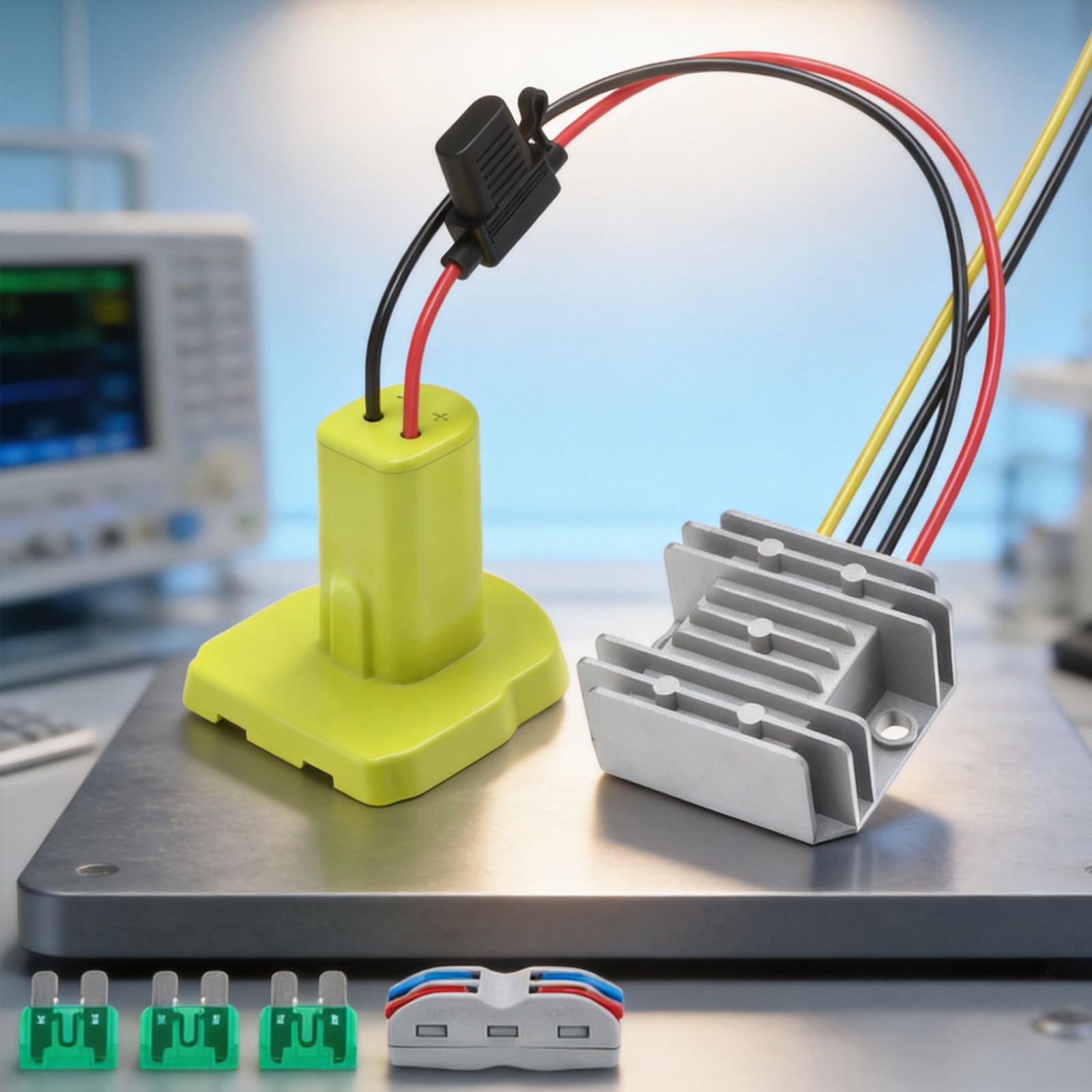 Adaptador de corriente de batería para salida de 12 V, convertidor de cable directo con base ABS y carcasa de metal con aletas para tareas de cableado