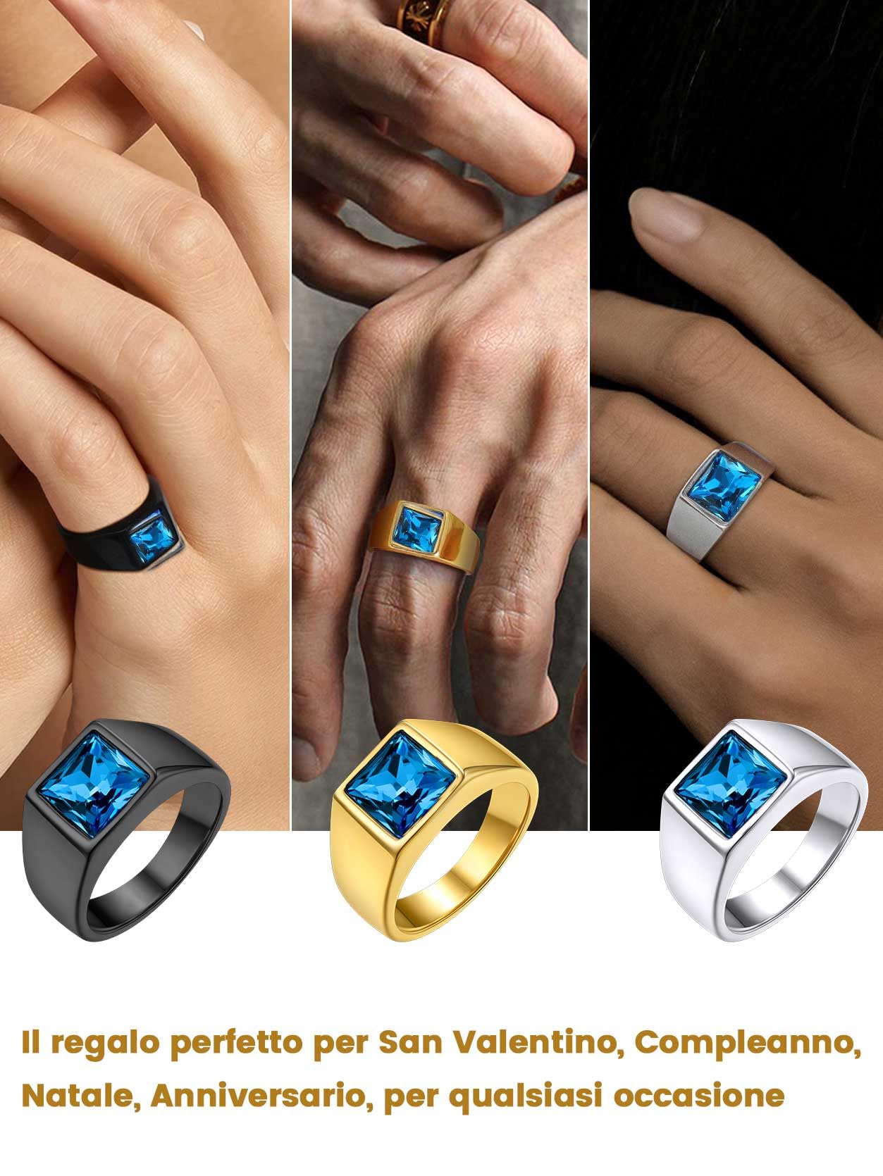 GoldChic JEWELRY Anello Pietra Zaffiro Ossidiana Alta Trasparenza Intarsio 3D Tagliato a Diamante Anello Uomo Acciaio Misura IT 14-32