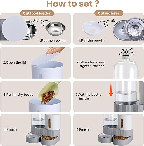 Miniatura 4 de Paquete de 2 alimentadores automáticos para gatos, dispensador de agua de acero inoxidable, alimentador de alimentos por gravedad y bebedero con