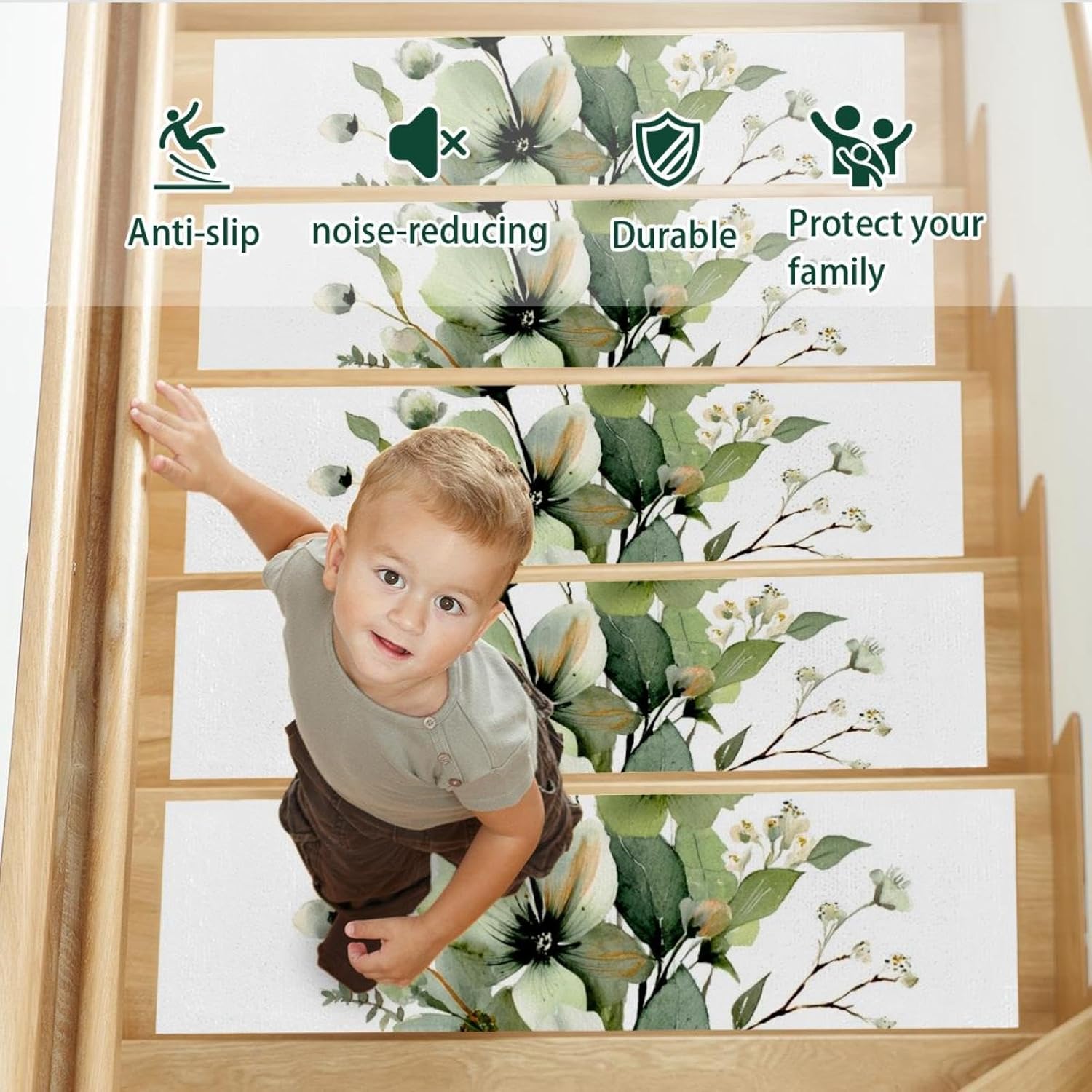 Green Grey Branches (3) Carpet Stair Treads for Wooden Steps Indoor, 15 Pack Slip Resistant Stair Rug Staircase Step Treads Pads for Pet, Kids and Elderly