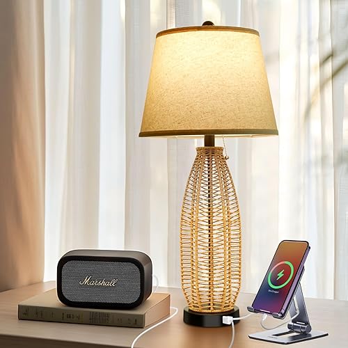 27" Boho Table Lamp: Rattan Lamp with USB A+C Charging Ports, 3-Color Temperatures Boho Lamp with Pull Chain, Boho Bedside Lamp for Nightstand Bedroom Living Room, Bulb Included, 1-Pack