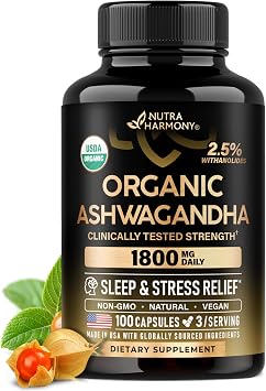 Ashwagandha Supplements 1800mg - USDA Organic Ashwagandha for Women & Men - Clinically Effective Strength for Stress Relief & Sleep - Powder & Root Extract 2.5% Withanolides - 100 Capsules