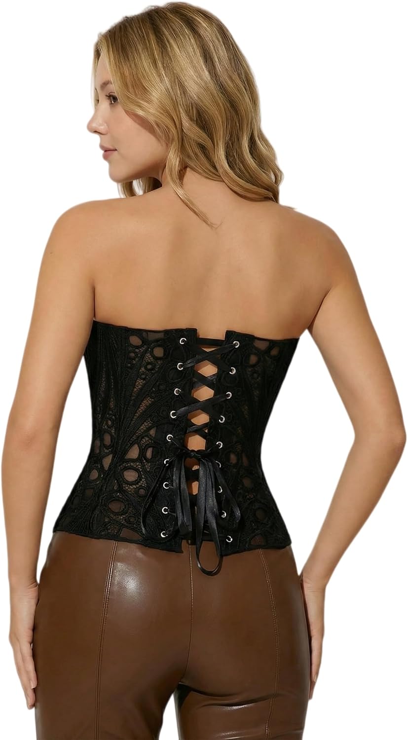 Corset Tops for Women Lace Up Overbust Bustier Sexy Floral Lace Waist Cincher Going Out Club Party Y2K Tops