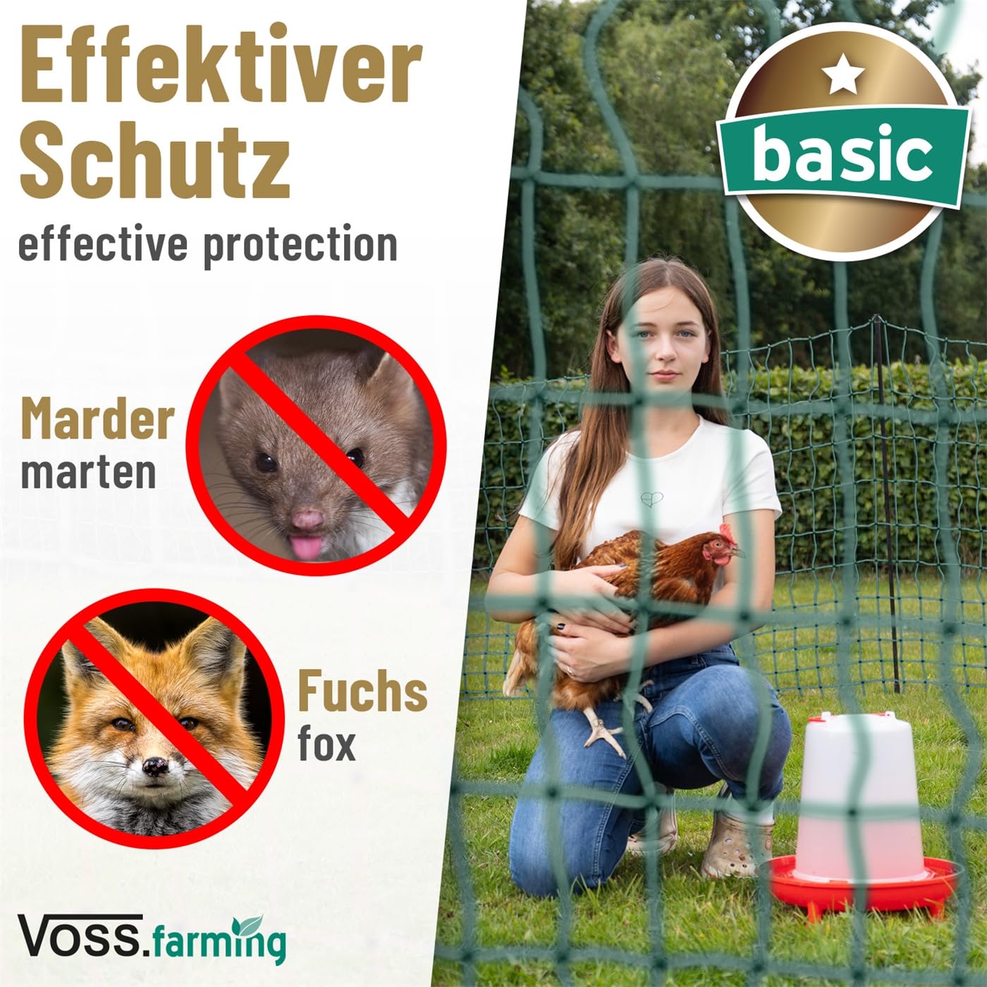 VOSS.farming Geflügelnetz 25m 112cm hoch Basic Hühnerzaun Nicht elektrifizierbar, 7 stabile Pfähle mit Doppelspitze, grüner Geflügelzaun, Flexibler Zaun, mobiler Begrenzungszaun für Hühner, Haustiere