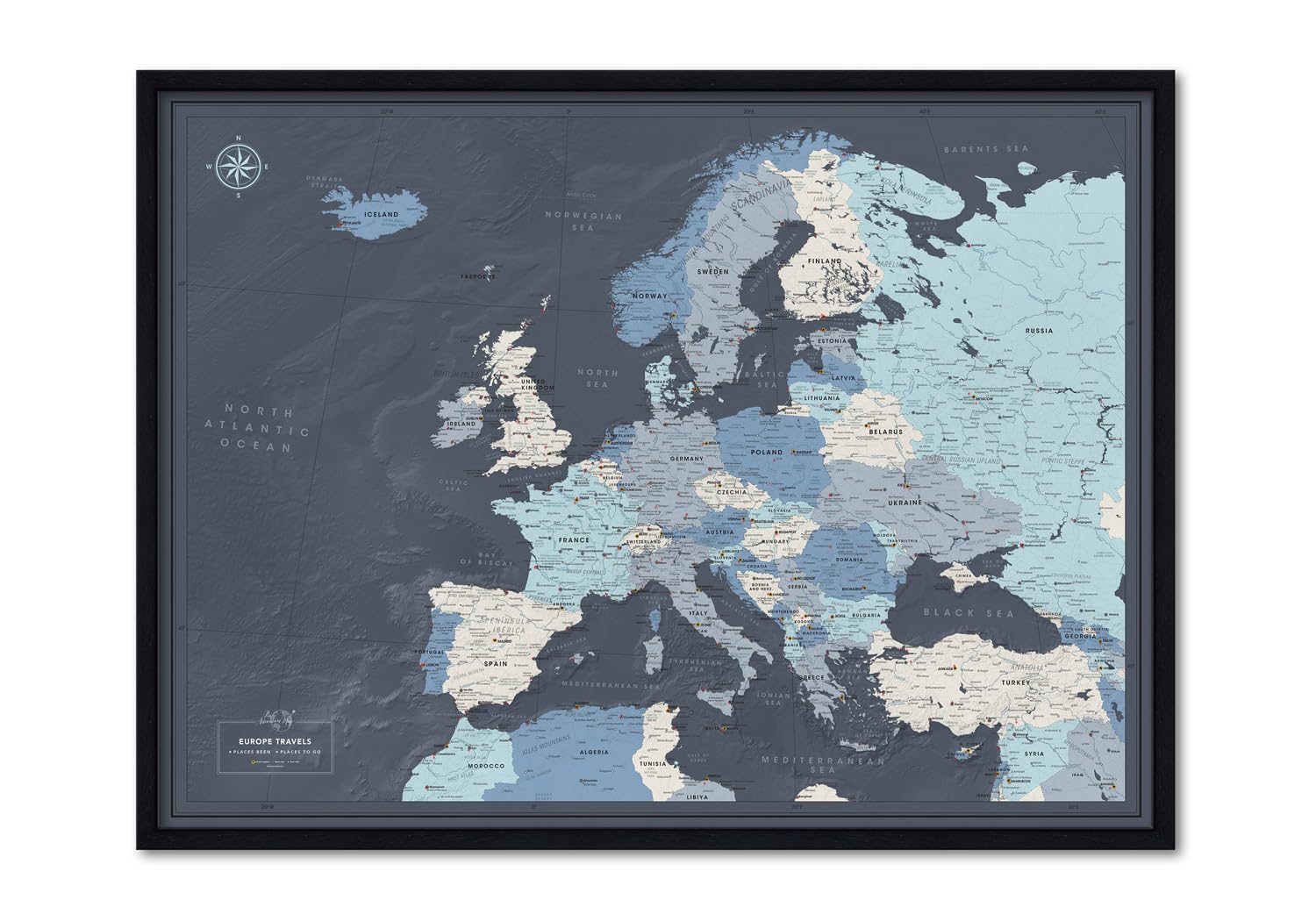 Framed Map of Europe with Push Pins | Personalized Travel Map Europe with Pins | Detailed Pin Map of Europe | Big Map of Europe With Various Customization Options (Navy, 80 x 60 cm)