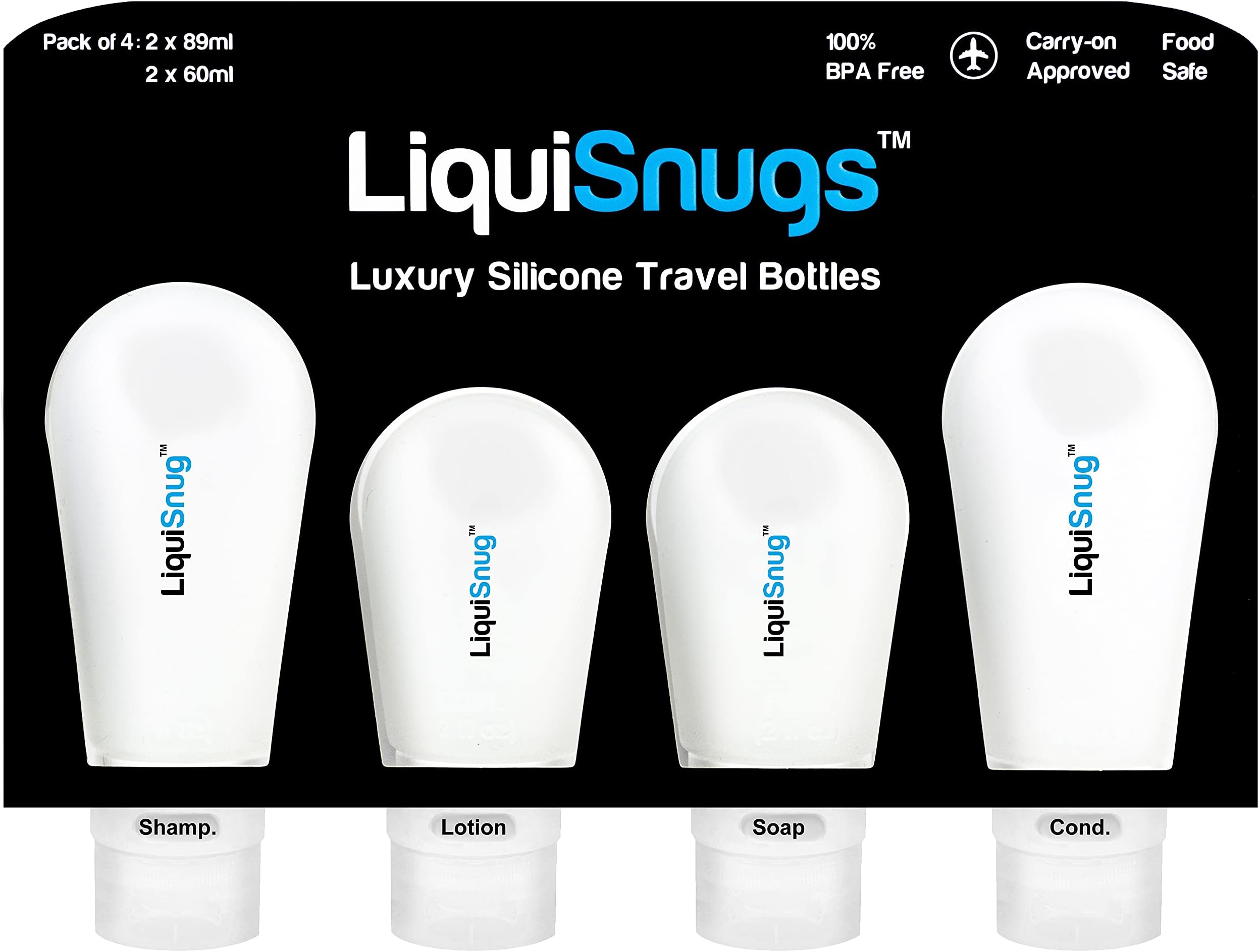 LiquiSnugs Premium - 100% Guaranteed Leak Proof Silicone Travel Bottles For Toiletries - TSA Approved Container. Premium Range Travel Shampoo Bottles with Suction Cups and Adjustable Labels
