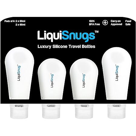 LiquiSnugs Premium - 100% Guaranteed Leak Proof - Silicone Travel Bottles (4 PACK) TSA Approved. Premium Range with Suction Cups and Adjustable Labels - by TravelSnugs