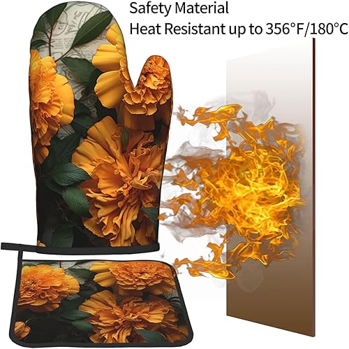 Miniatura 4 de Juego de 2 manoplas de horno y soportes para ollas, resistentes al calor, guantes de horno de cocina, caléndula antideslizantes y agarraderas para