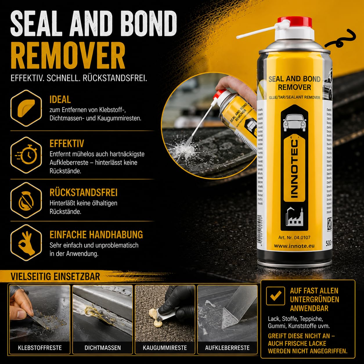 Innotec Seal and Bond Remover Klebstoff- & Dichtmassenentferner - Etikettenentferner 500 ml Spraydose - Etikettenlöser - Entfernen von Klebstoffresten, Dichtmassenresten, Teerspritzer, Baumharz