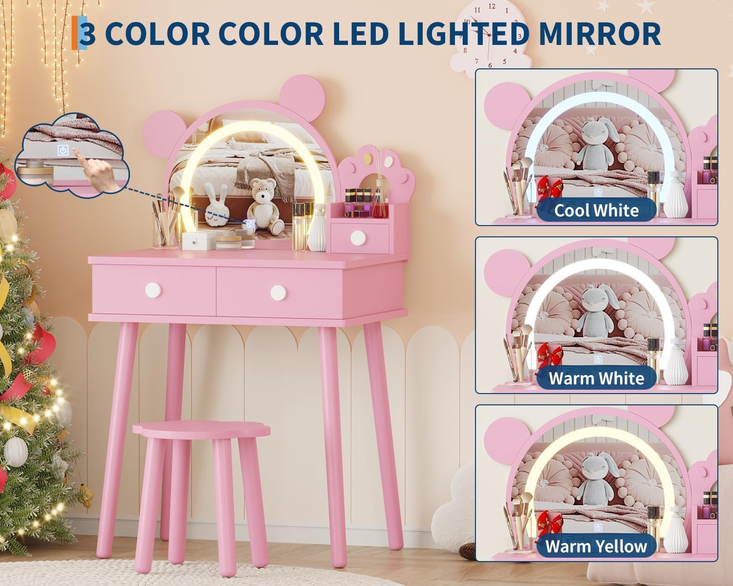 GarveeLife Kids Girls Dressing Table with Mirror & LED Light in 3 Colours with 2 Drawers for Children 3-8 Years 55 x 38 x 101 cm