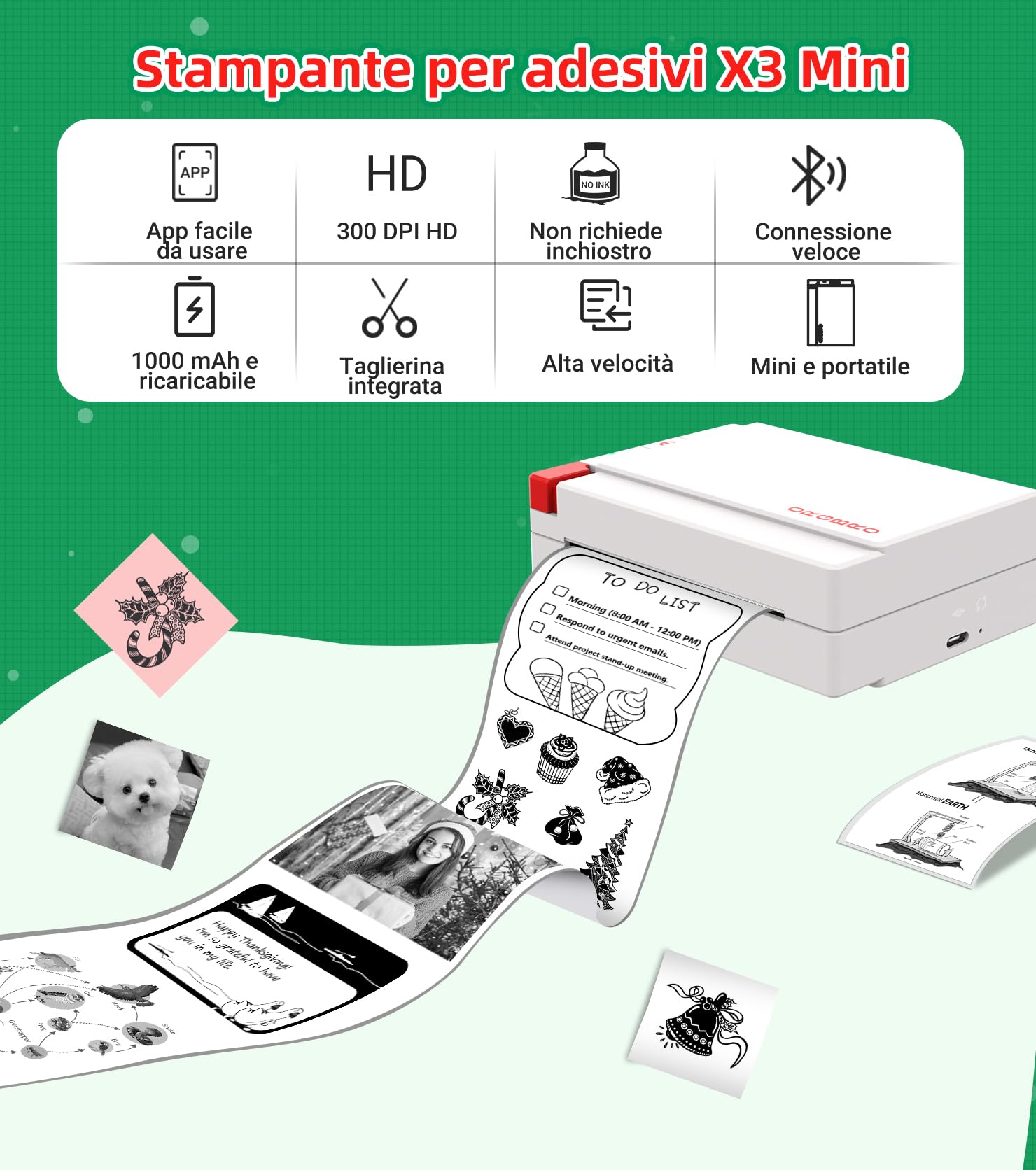 ORGBRO X3 Stampante Termica Bluetooth, Mini Stampante Portatile Senza Fili per Casa/Ufficio/Viaggi, Appunti, Foto, Etichette, Planner, 300DPI Stampante Adesivi per Smartphone - iOS/Android (Bianco)