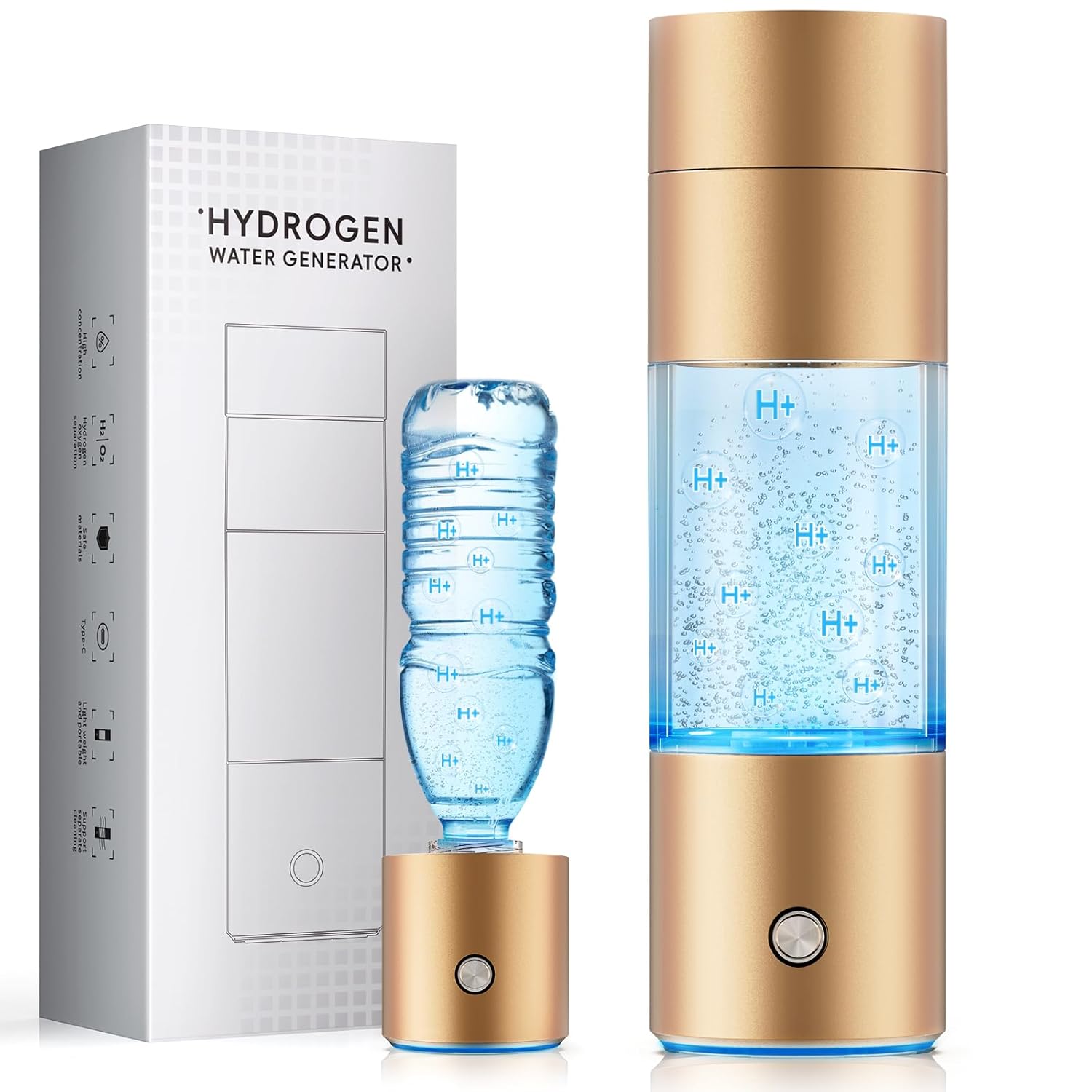 Hydrogen Water Bottle Generator,4500PPB SPE/PEM Technology -Smart Electrolysis Water Ionizer -320ML Portable Rich Hydrogen Water Machine for Health Mothers Day Gifts, 24-Hour Hydrogen Retention (Gold)