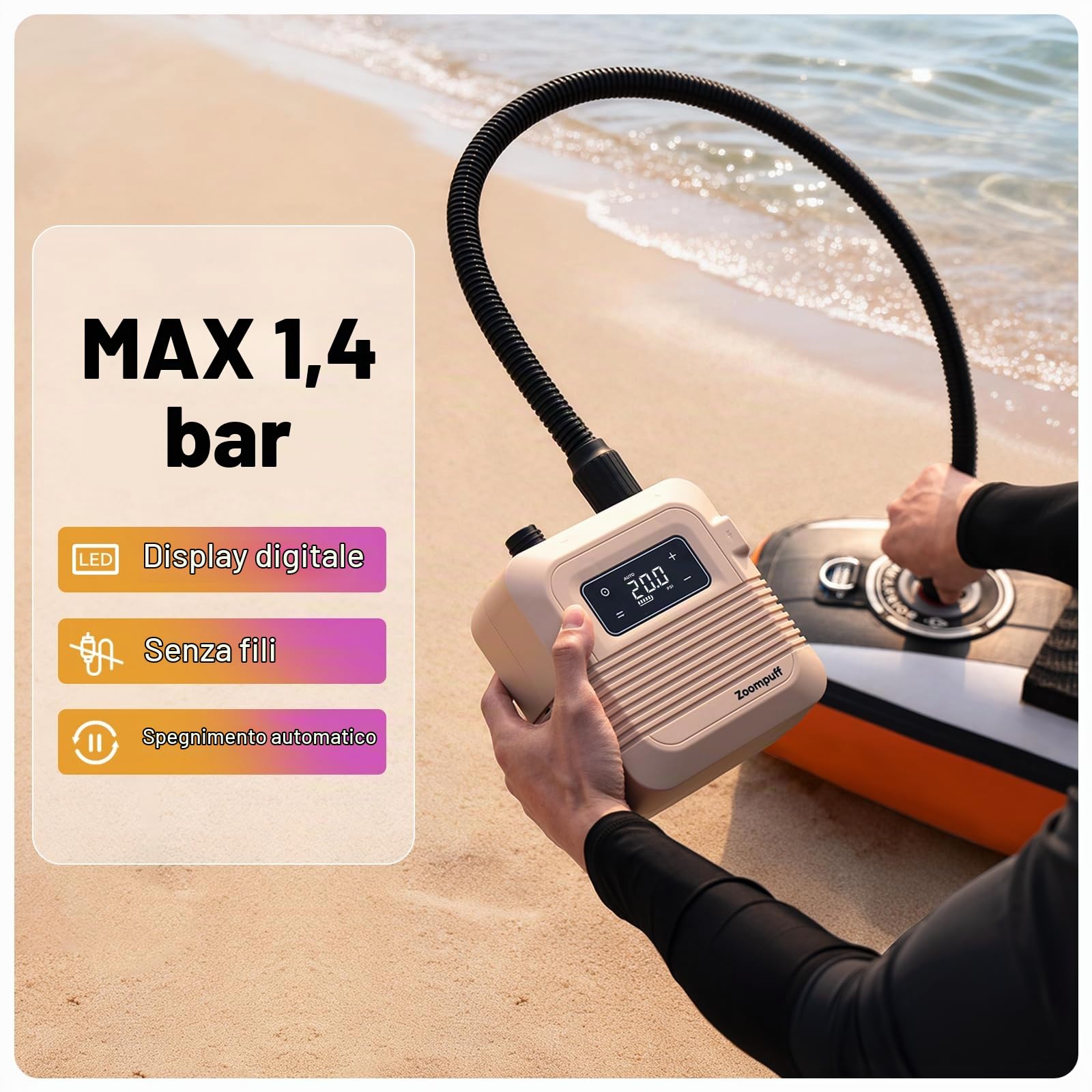Pompa SUP elettrica, SUP ricaricabile 20 PSI, gonfiaggio rapido | 5 min a 12 PSI, 1,14 kg leggera, Batteria 38,48Wh, Gonfiaggio e sgonfiaggio doppio stadio, 7 ugelli, SUP, barche, kayak