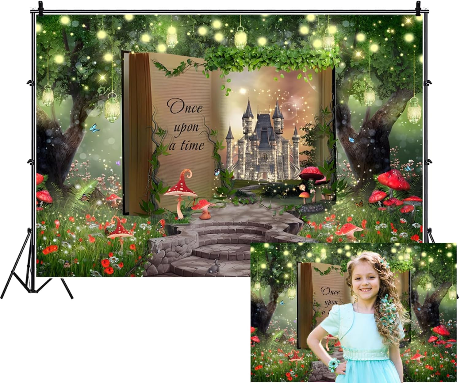 Renaiss 7x5ft Enchanted Forest Backdrop Fairy Tale Books Magic Castle Mushroom Garden Wonderland Photography Background for Wedding Princess Birthday
