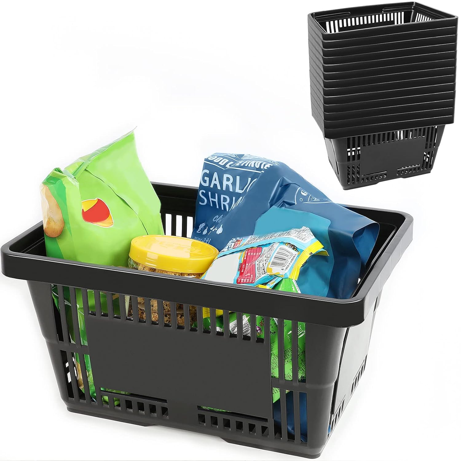 12PCS Shopping Basket with Handles, 21L Black Plastic Basket, Durable Large-capacity Basket for Retail stores, Fruitshop, supermarket, Laundry