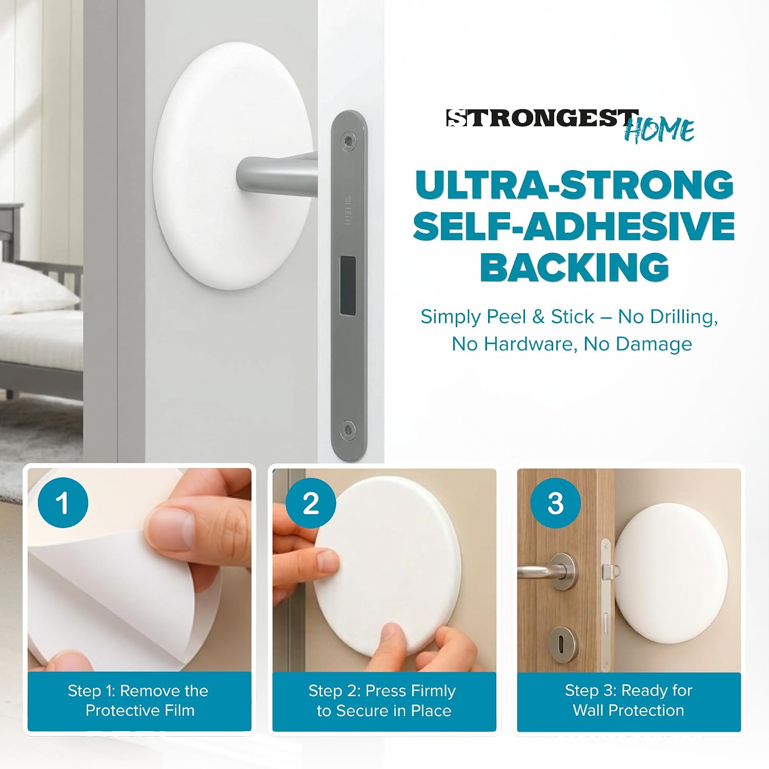 STRONGEST HOME 5-Inch White Rubber Door Stopper Wall Protector, Jumbo Wall Shield Guard Cushion for Large Door Knobs & Commercial Handles, Heavy Duty Drywall Hole Cover Saver, 3-Pack