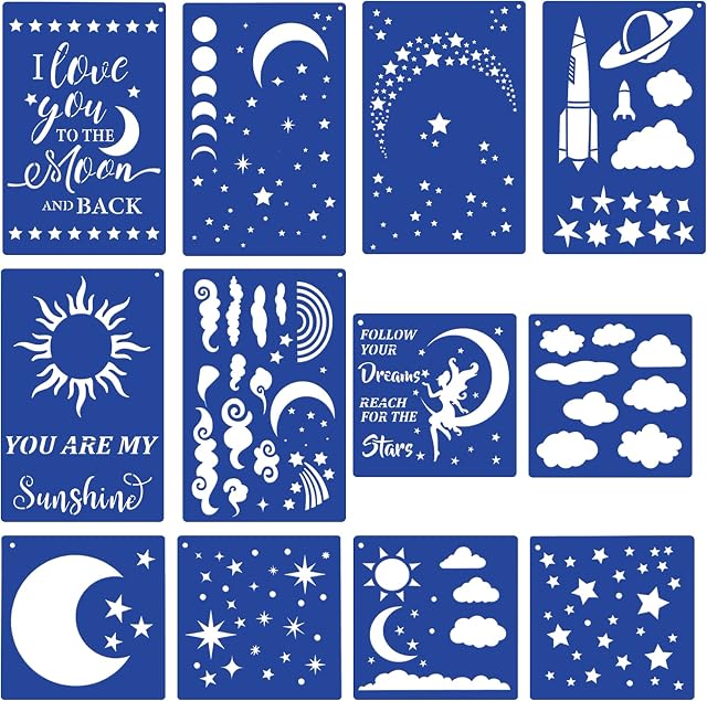 12 Pieces Moon and Star Stencil, Reusable Star Template Planet Plastic Stencil on Notebook Card DIY Drawing Painting Craft Project