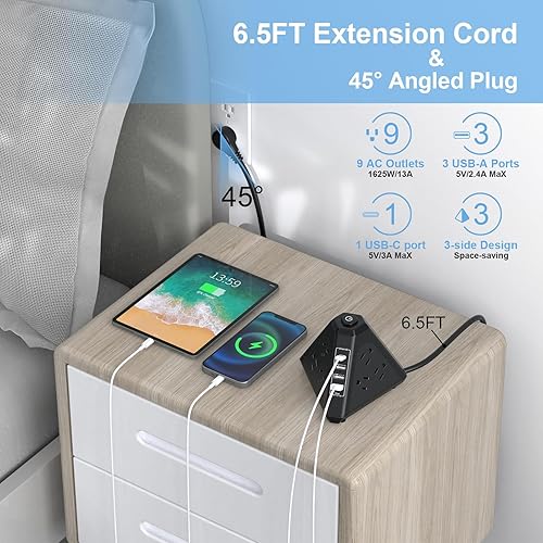 Miniatura 4 de NVEESHOX - Regleta de alimentación con protector de sobretensiones en torre, 9 salidas de CA con 4 puertos USB (1 USB C), enchufes triangulares de 3