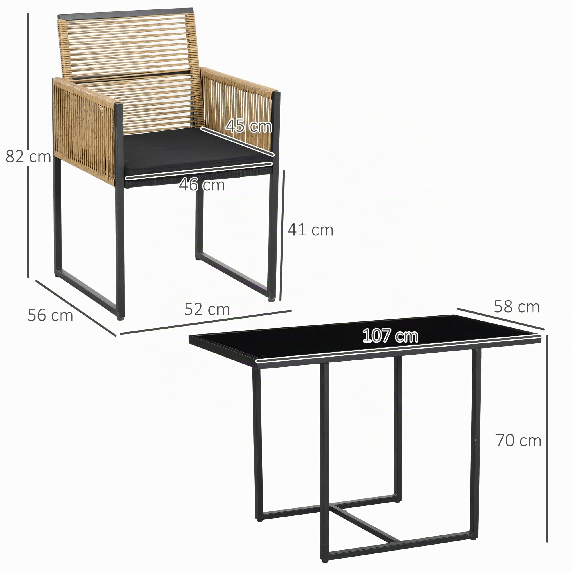 Outsunny Conjunto de Muebles de Jardín 3 Piezas Diseño Anidado Juego de Sillas y Mesa de Ratán con Respaldo Plegable Cojines y Mesa con Tablero de Vidrio Templado para Patio Terraza Natural y Negro