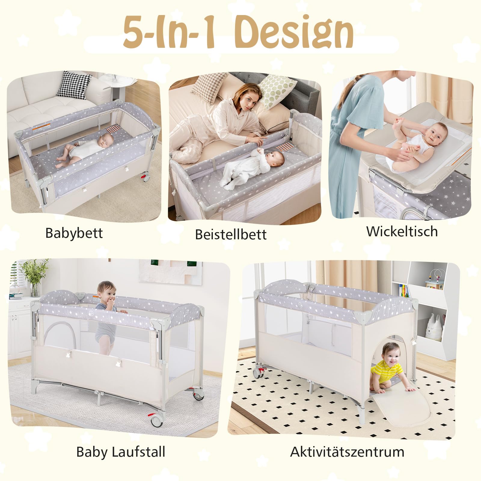DREAMADE 4 in 1 Reisebett mit Matratze 120x60cm Beistellbett Baby mit Rollen Klappbar Wickeltisch Laufgitter Beige