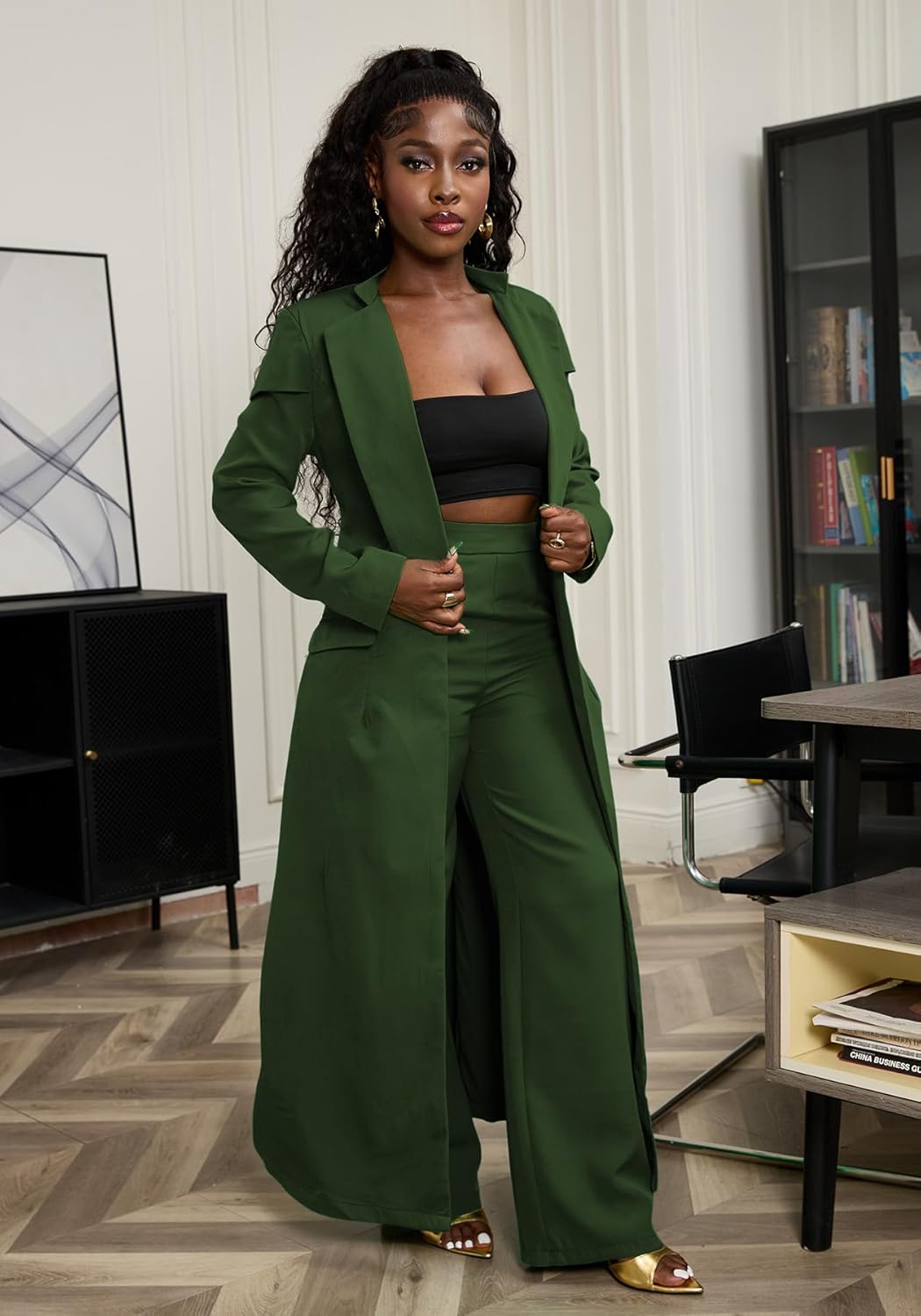 Famnbro Womens Suits 2 Piece Set Long Blazers Jacket Lapel and Straight Leg Pants Business Outfits - Image 6