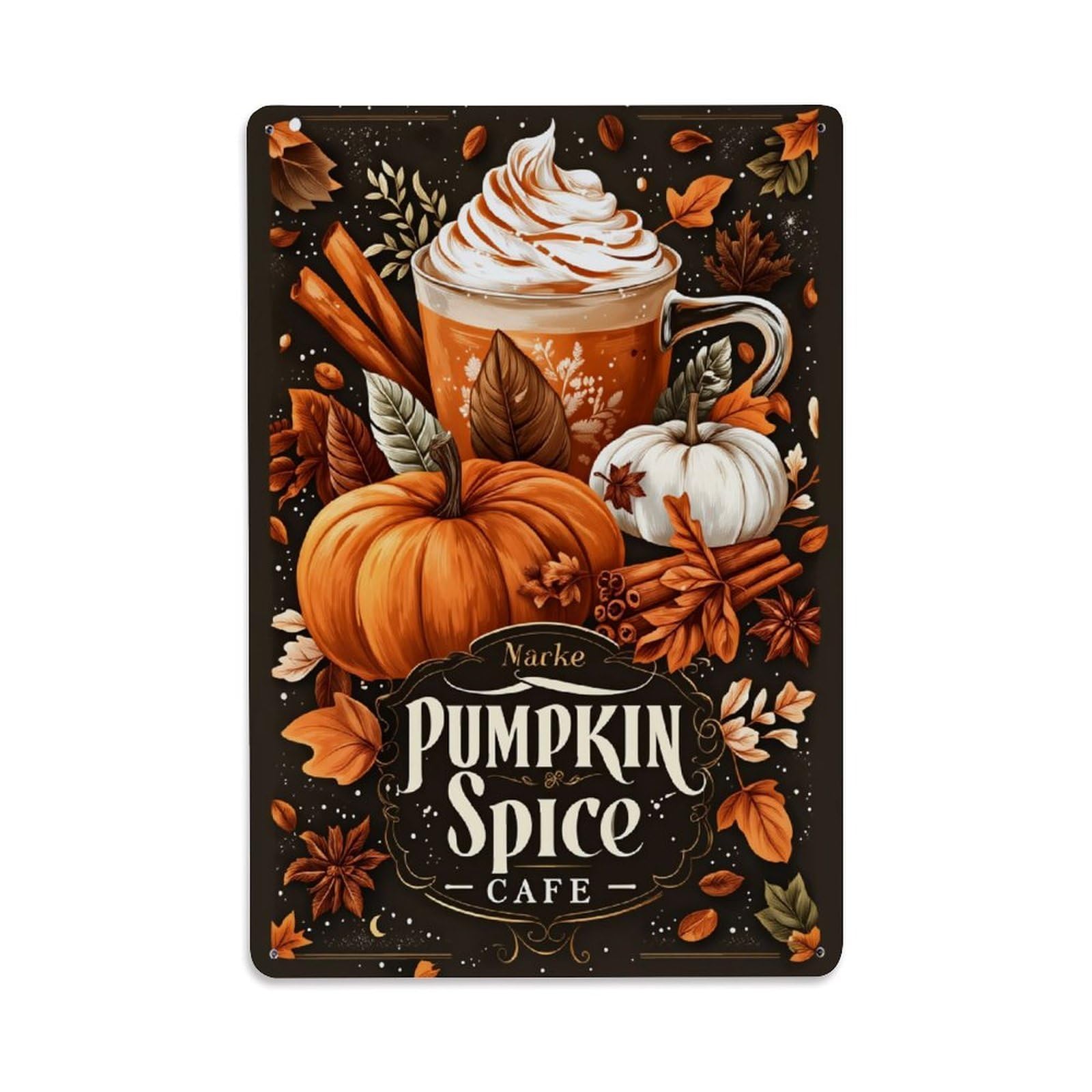 Enderetf Vintage Pumpkin Spice Latte Autumn Leaves Tin Sign Metal Poster, Home Bar Garage Man Cave Cafe Indoor & Outdoor Wall Decoration 8X12inches