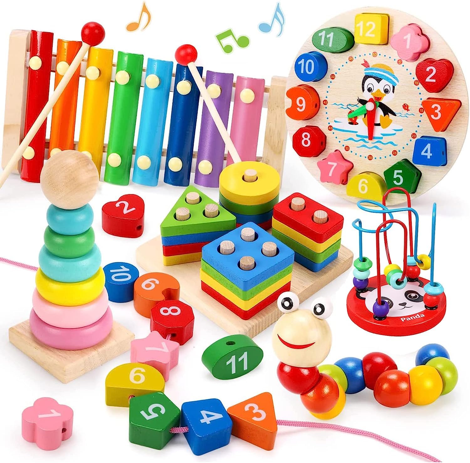 COliENToddlers Montessori Wooden Toys for Boys Girls Age 2-4 Year Old,6 In 1 Baby Toy Learning Musical Sets,Shape Sorting Toys Gifts for Kids 3-6,Wooden Preschool Learning Fine Motor Skills Game