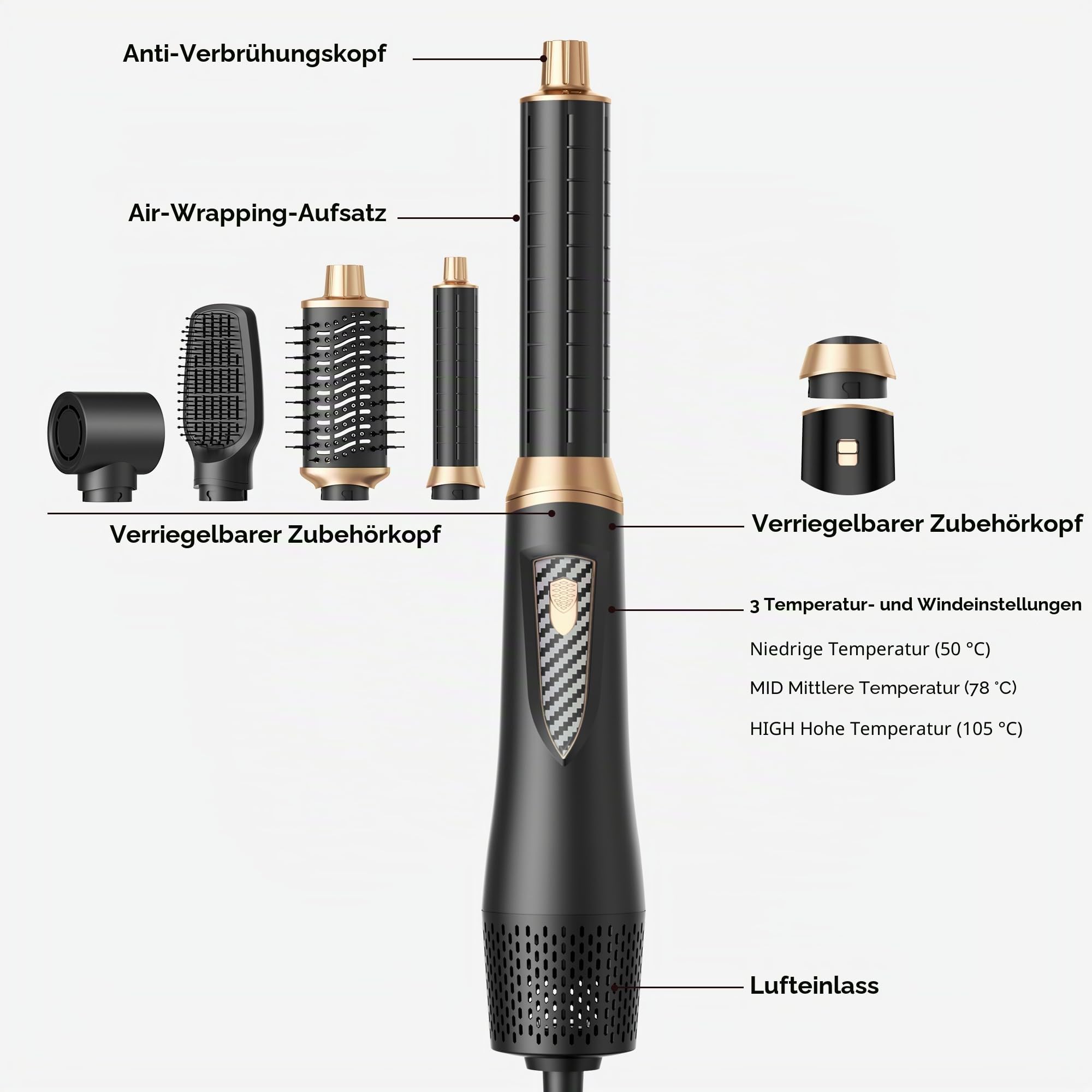 UKLISS Airstyler 5 in 1 Hairstyler Set, Pro Föhnbürste Set, Ionen Haartrockner Haarstyler mit 32mm Auto-Lockenstab Wrap | für Volumen, Trocknen, Glätten & Locken für Alle Haartypen
