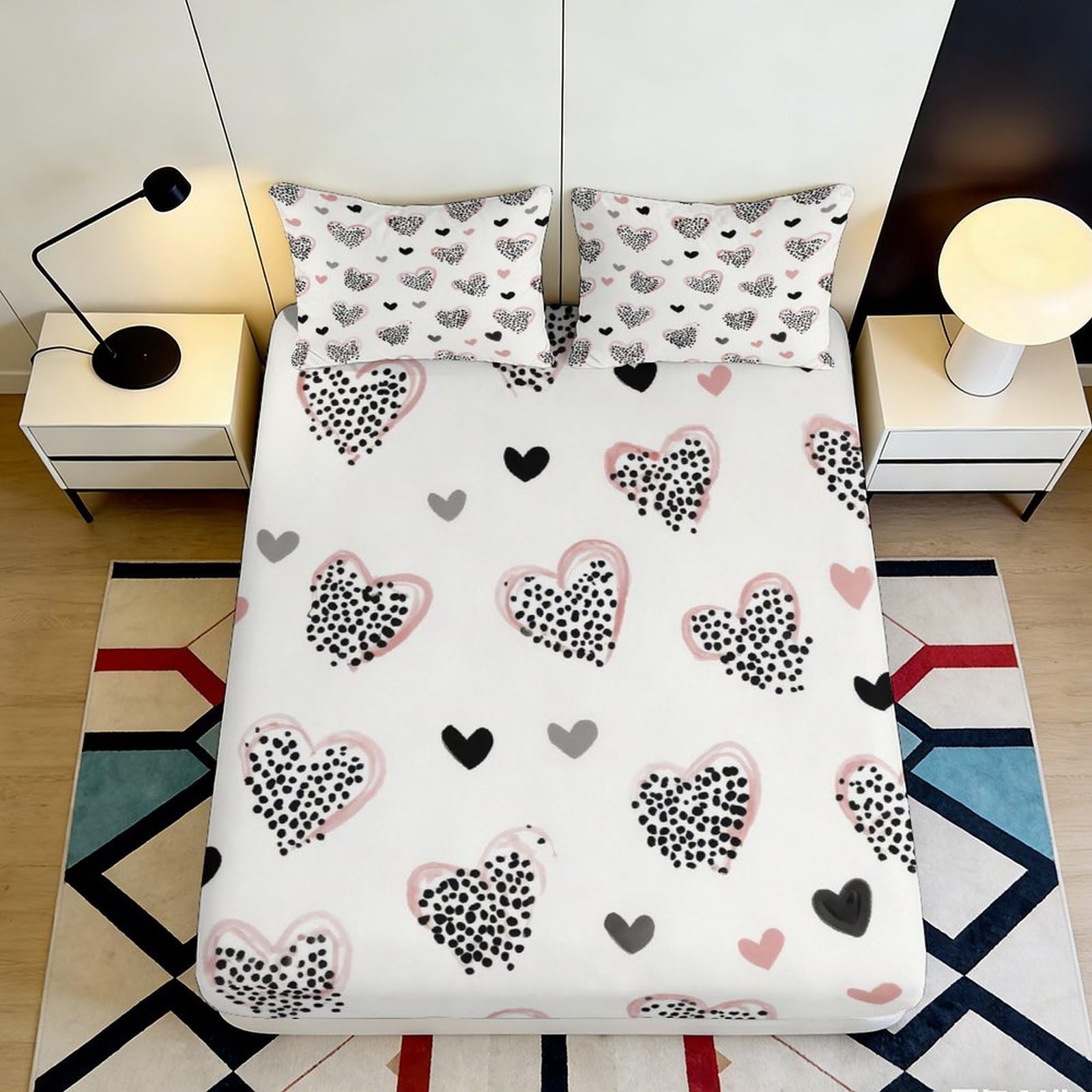 3D Printed Pink Polka Dot Heart Fitted Sheet Microfiber Soft Bedroom Decor Black Grey Hearts Mattress Cover 90x200x25cm