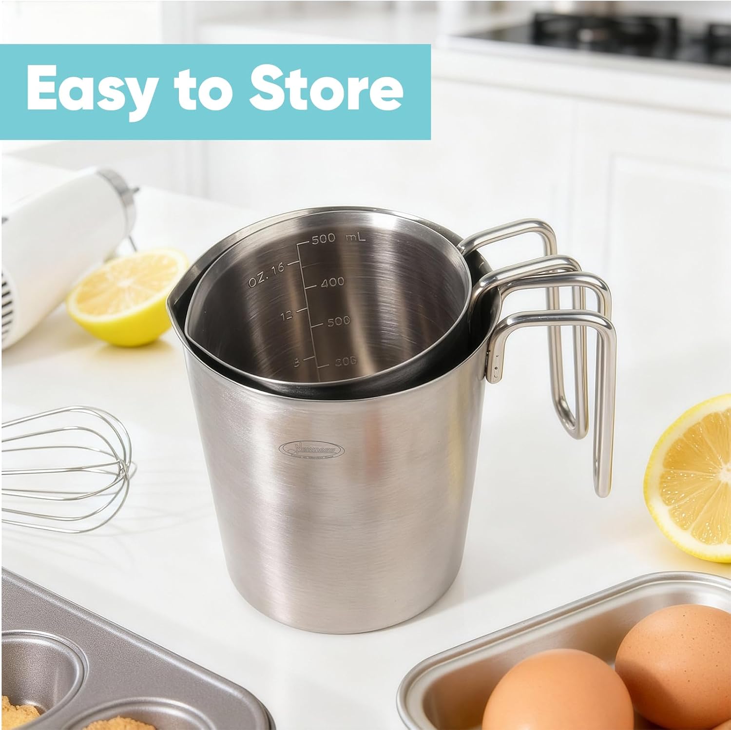 Newness 2-Pack Stainless Steel Measuring Cups Set, (3 Marking Including Cup/ML/Oz Scale) (2 & 3 Cup) Metal Measuring Cup with Handle For Prepping, Baking and Cooking, Dishwasher, Microwave Safe