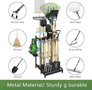 Garden Tool Organiser, Heavy-Duty Metal Storage Rack for Garage & Yard, Utility Tool Stand with Hooks for Brooms, Shovels, Rakes & Long-Handled Tools, Black