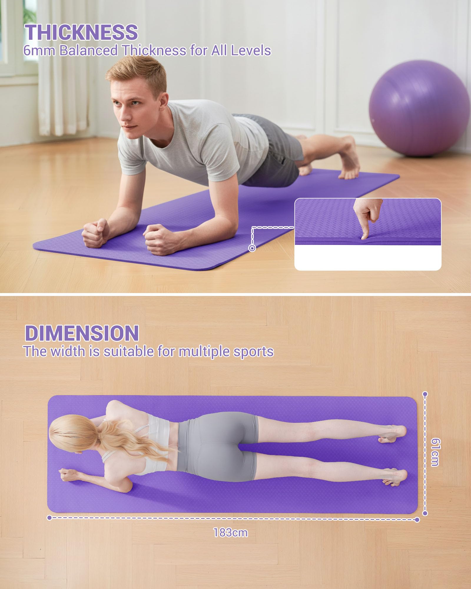 Good Nite Tappetino da ginnastica, yoga, fitness, antiscivolo, per allenamento, sport, turn, pilates, con tracolla, 183 x 61 x 0,6 cm