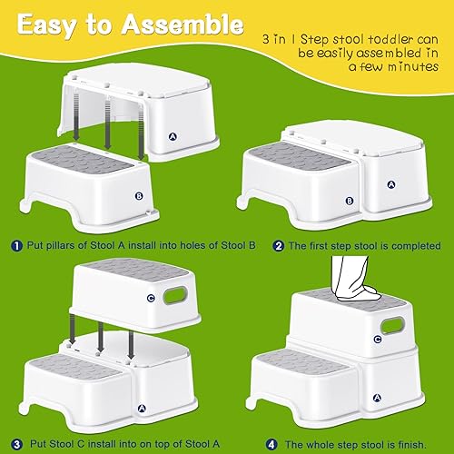 Miniatura 6 de Taburetes para niños, taburete de 2 escalones con superficie antideslizante y parte inferior de goma, taburete para niños pequeños para