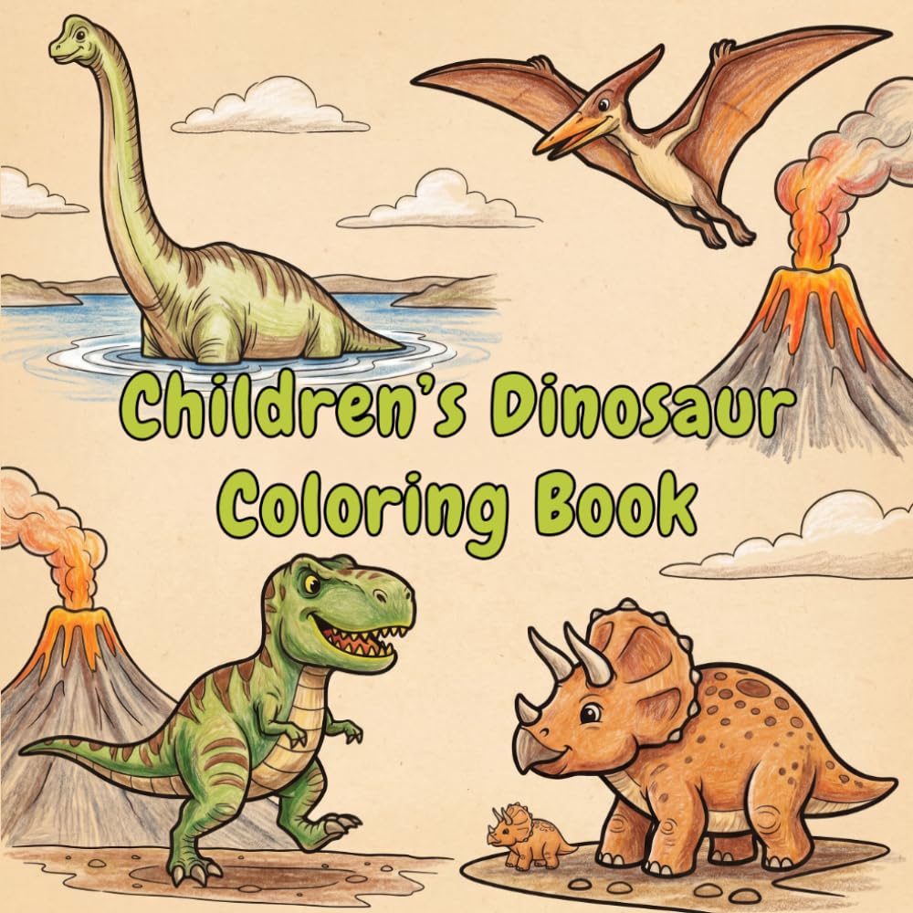 Children’s Dinosaur Coloring Book: 50 Easy Dinosaur Coloring Pages for Kids Ages 4 + Big, Simple, and Cute Designs for Toddlers and Beginners