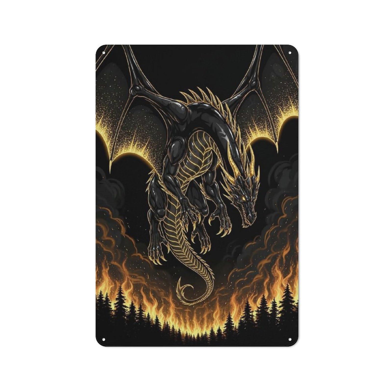 Junmoney Style-9 Retro Metal Plaque 30X20cm Featuring Black And Gold Dragon Over Fire For Workshop Wall, For Metal Sign Collectors, For Garage And Workshop Walls