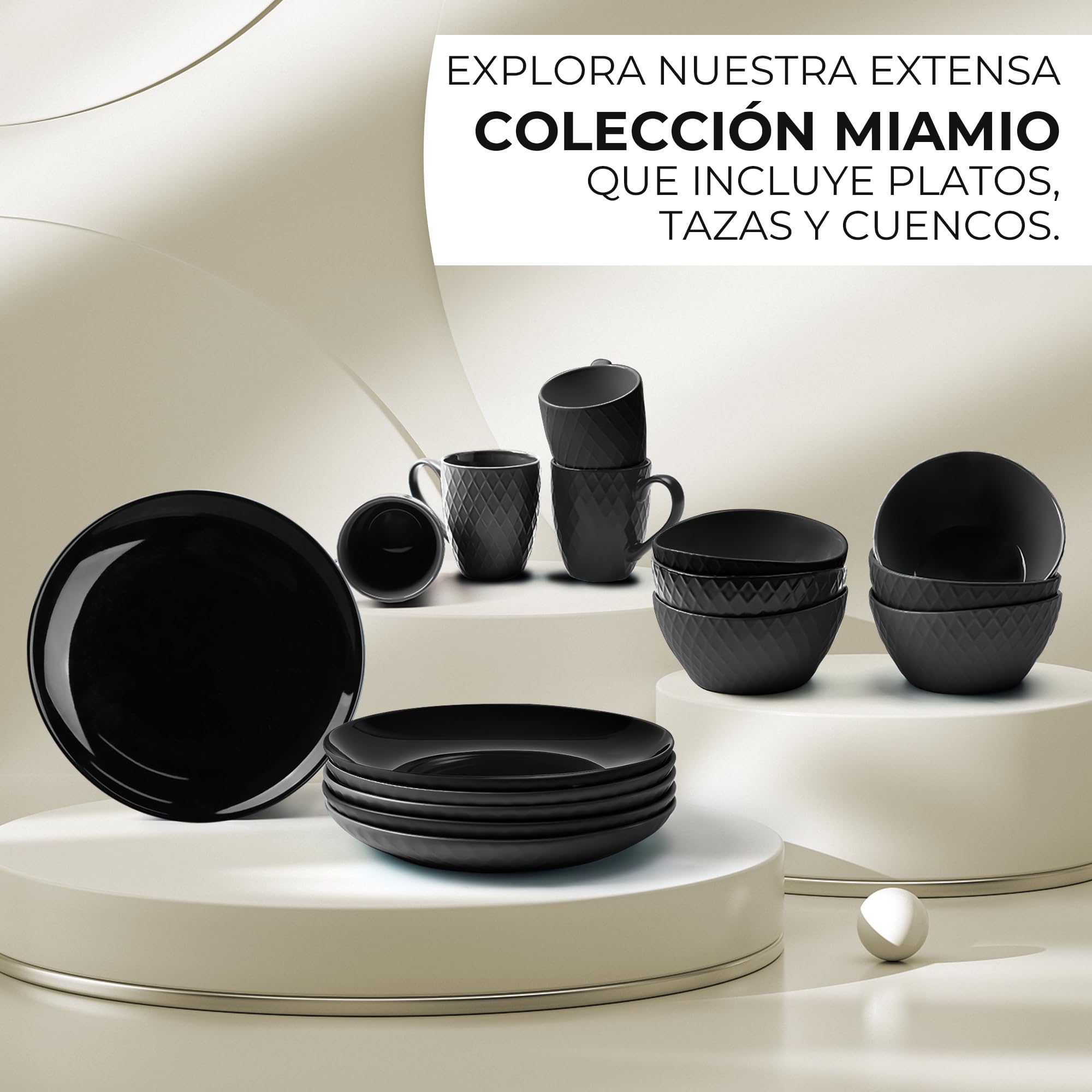 MIAMIO - set de 6 platos cerámicos 21 cm Palmanova (Negro) para cocina | Platos de cerámica para comidas y postres, 21 cm, Palmanova (Negro). Diseño moderno y práctico para cada día en casa.