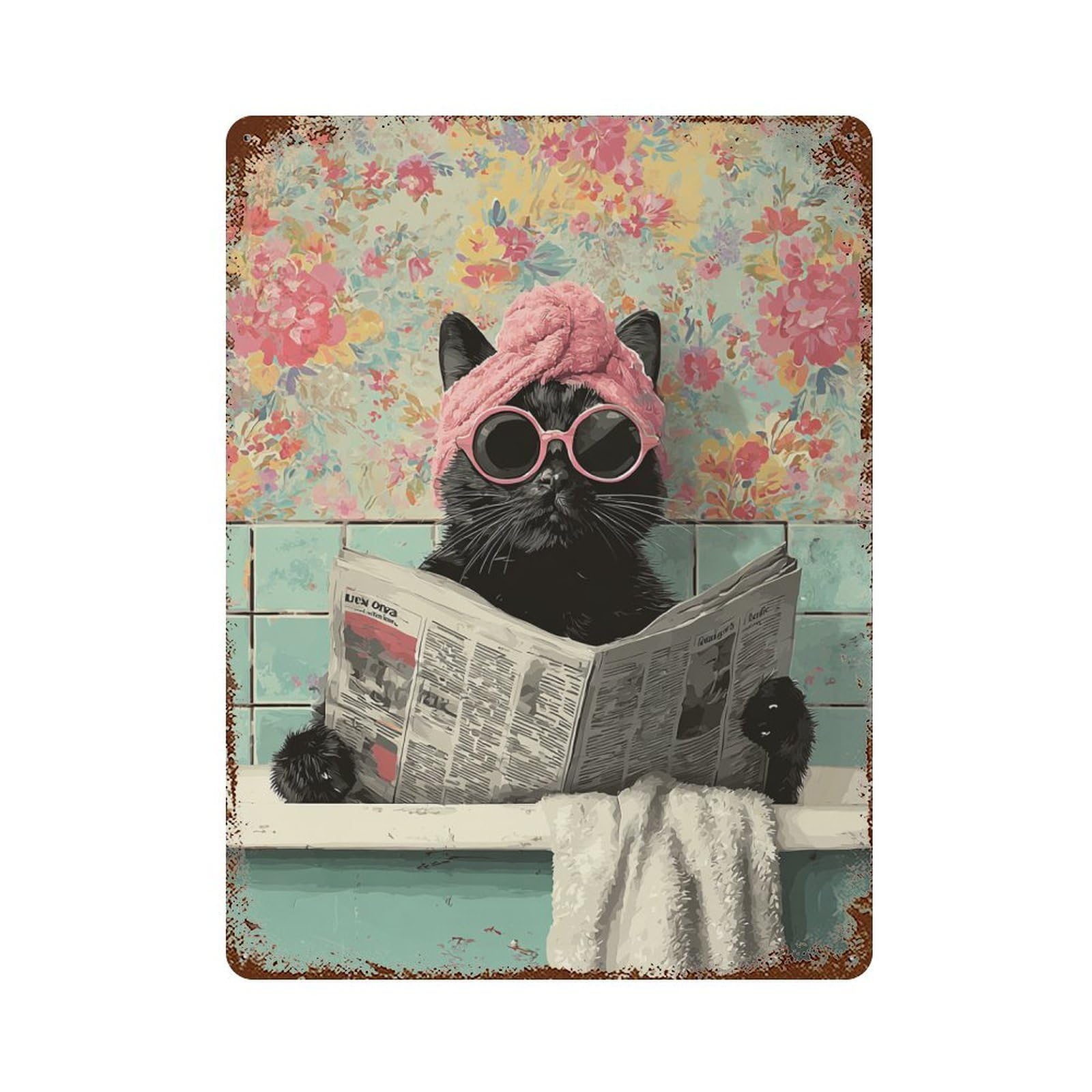 Garage Style Chill Cat in Sunglasses Reading Newspaper Weathered Tin Sign 15.7"x11.8", Shabby Chic Decor for Bar And Workshop