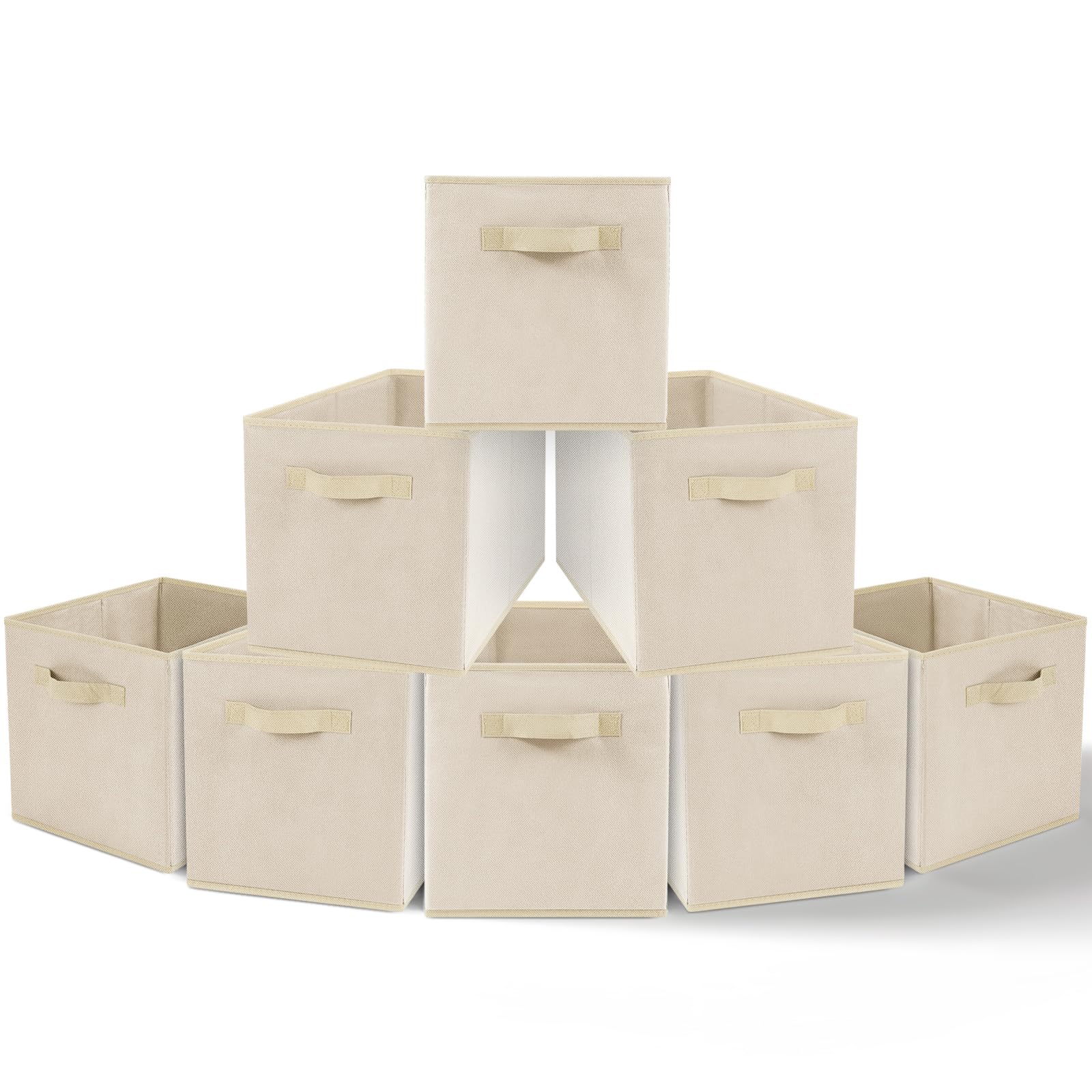 Amazing Tour 8 PCS Cube Storage Boxes 33x38x33 Foldable Fabric with Handles Collapsible for Home Office Nursery Organiser - Clothes Basket Containers, Beige