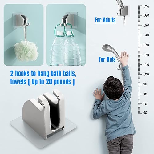 Miniatura 4 de JONKEAN Soporte para cabezal de ducha de mano de níquel cepillado con 2 ganchos de suspensión, adhesivo fuerte, soporte de pared ajustable para