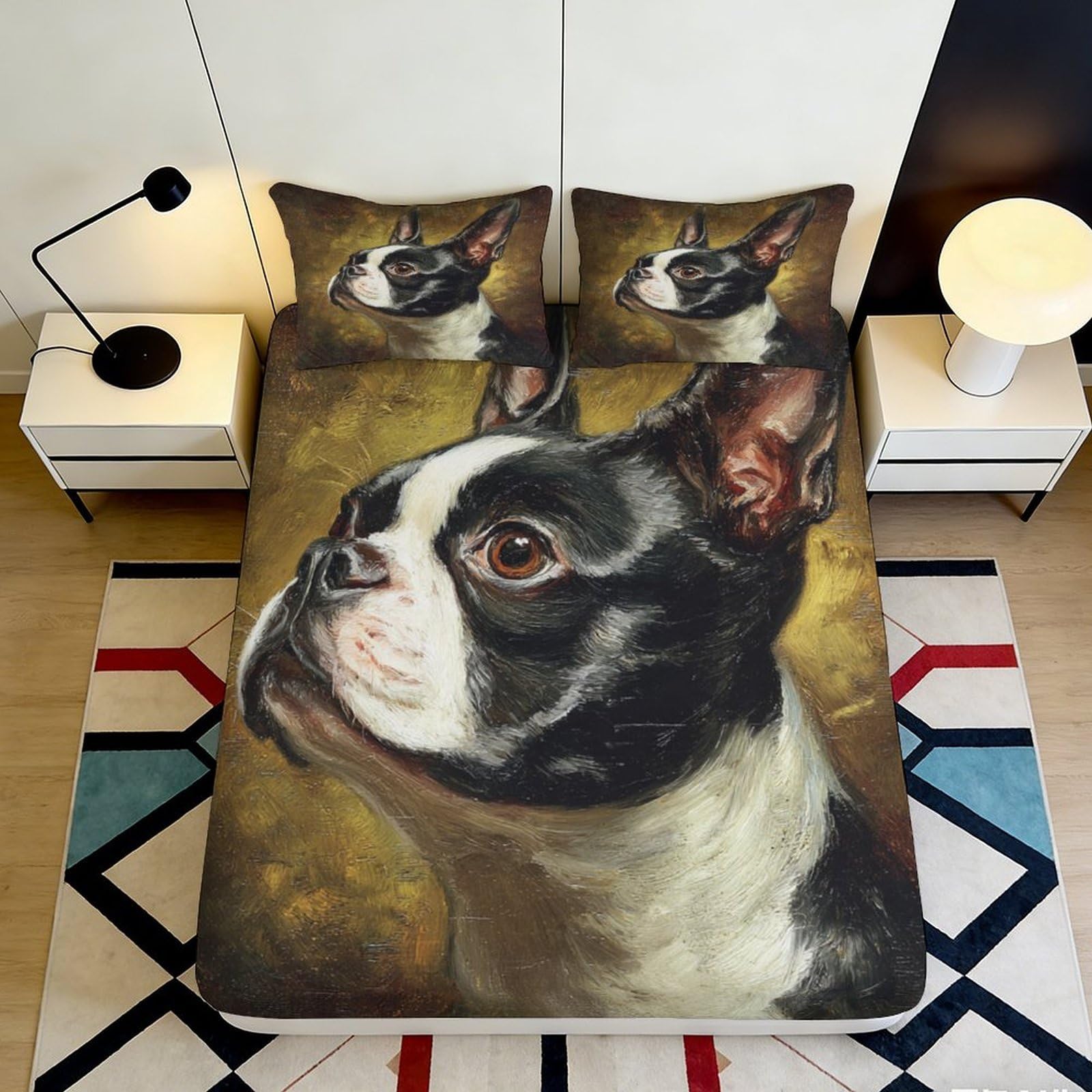 3D Printed Boston Terrier Fitted Sheet Microfiber Soft Durable Dog Portrait Bed Cover for Bedroom Dormitory Guest Room Mattress Protection 140x200x25cm