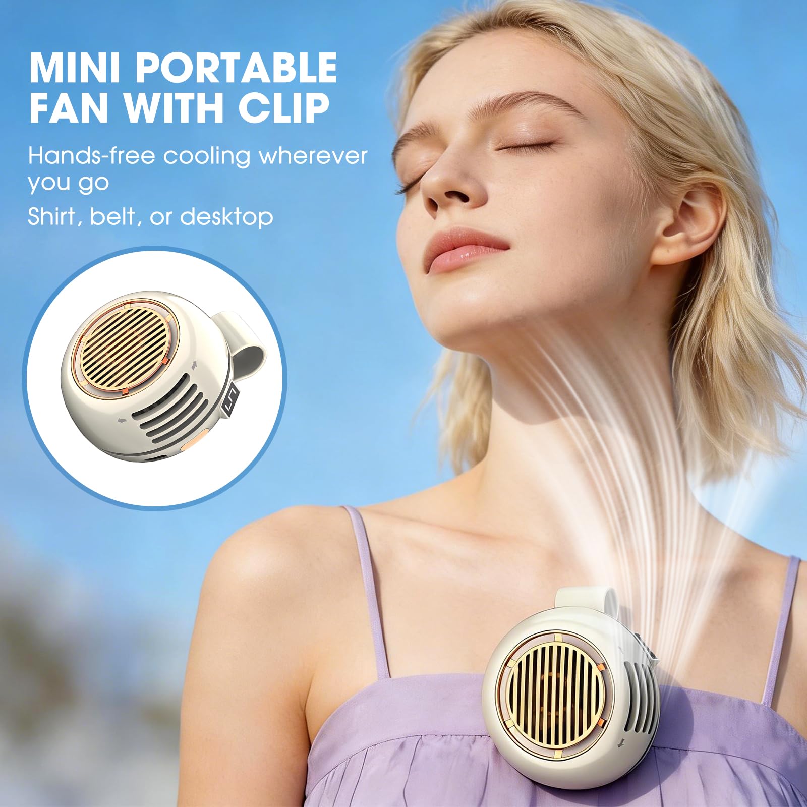 Mini ventilatore portatile silenzioso senza pale, con clip, ricaricabile tramite USB, girevole a 360°, 2026, regolabile, 3 velocità, sospeso, ventole di raffreddamento per esterni, viaggi e