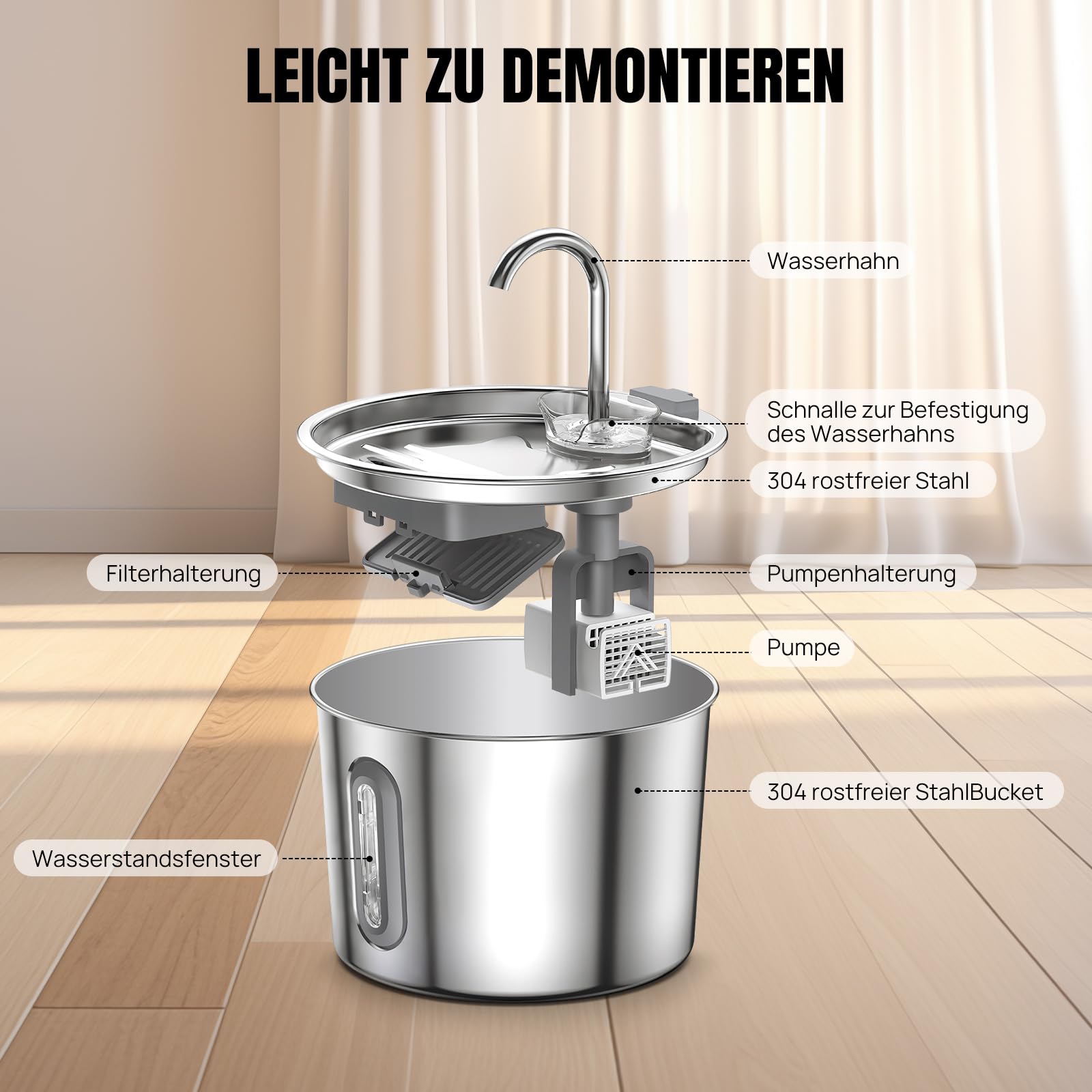 Fuente para gatos de acero inoxidable para gatos, fuente de agua para gatos, 2,2 l, fuente de agua súper silenciosa para perros, mantiene el agua fresca, con 2 filtros de carbón + 1 esponja