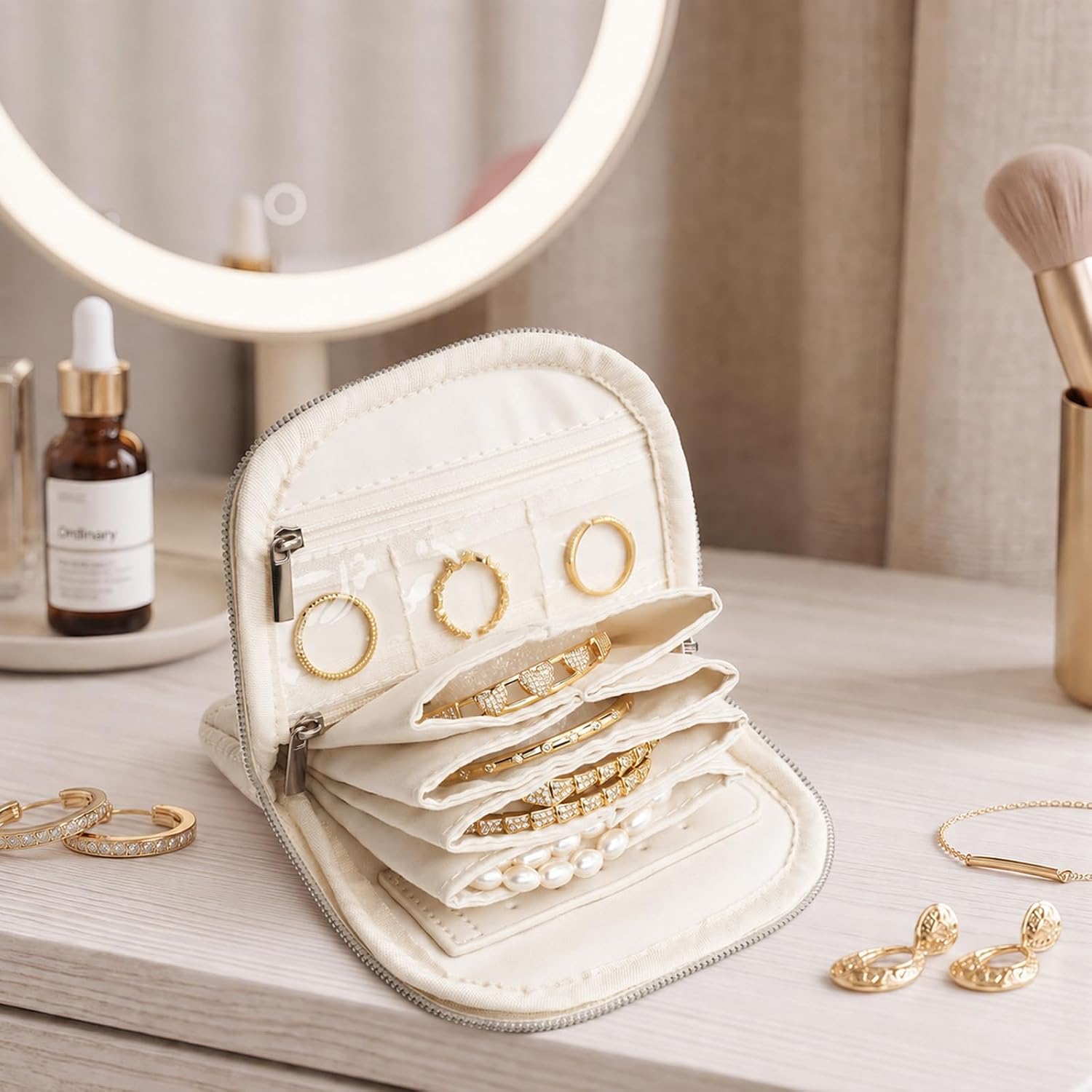 TOPEAST Quilted Travel Jewelry Case for Women, Puffer Jewelry Organizer with Zipper, Portable Small Jewelry Pounch Storage Bag for Rings Earrings Necklaces, Travel Essentials Gift for Women, Beige