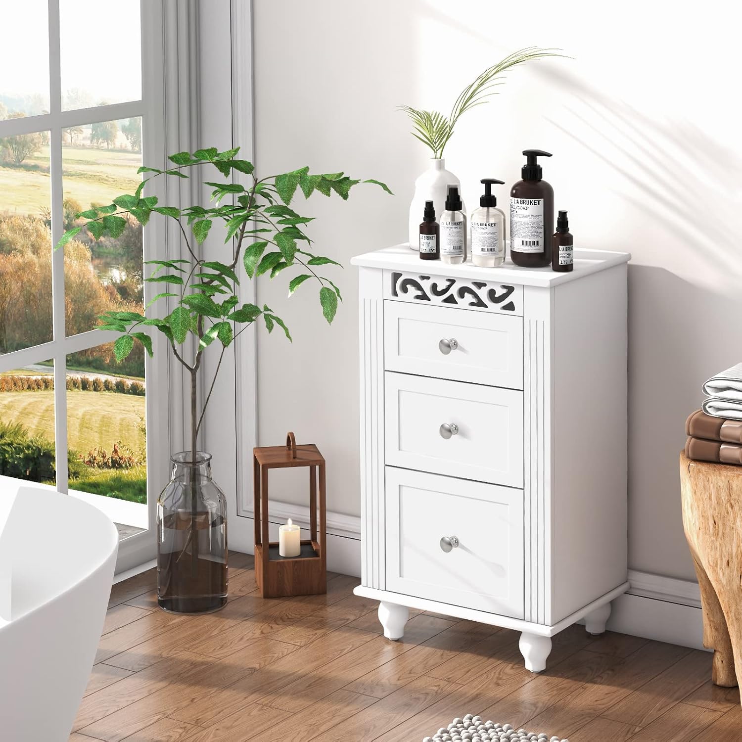 Giantex Bathroom Floor Cabinet, Freestanding Storage Cabinet with 3 Drawers, Solid Wood Legs, Anti-toppling Device, Modern Nightstand, Sofa Side Table for Living Room, Bedroom, Entryway, White