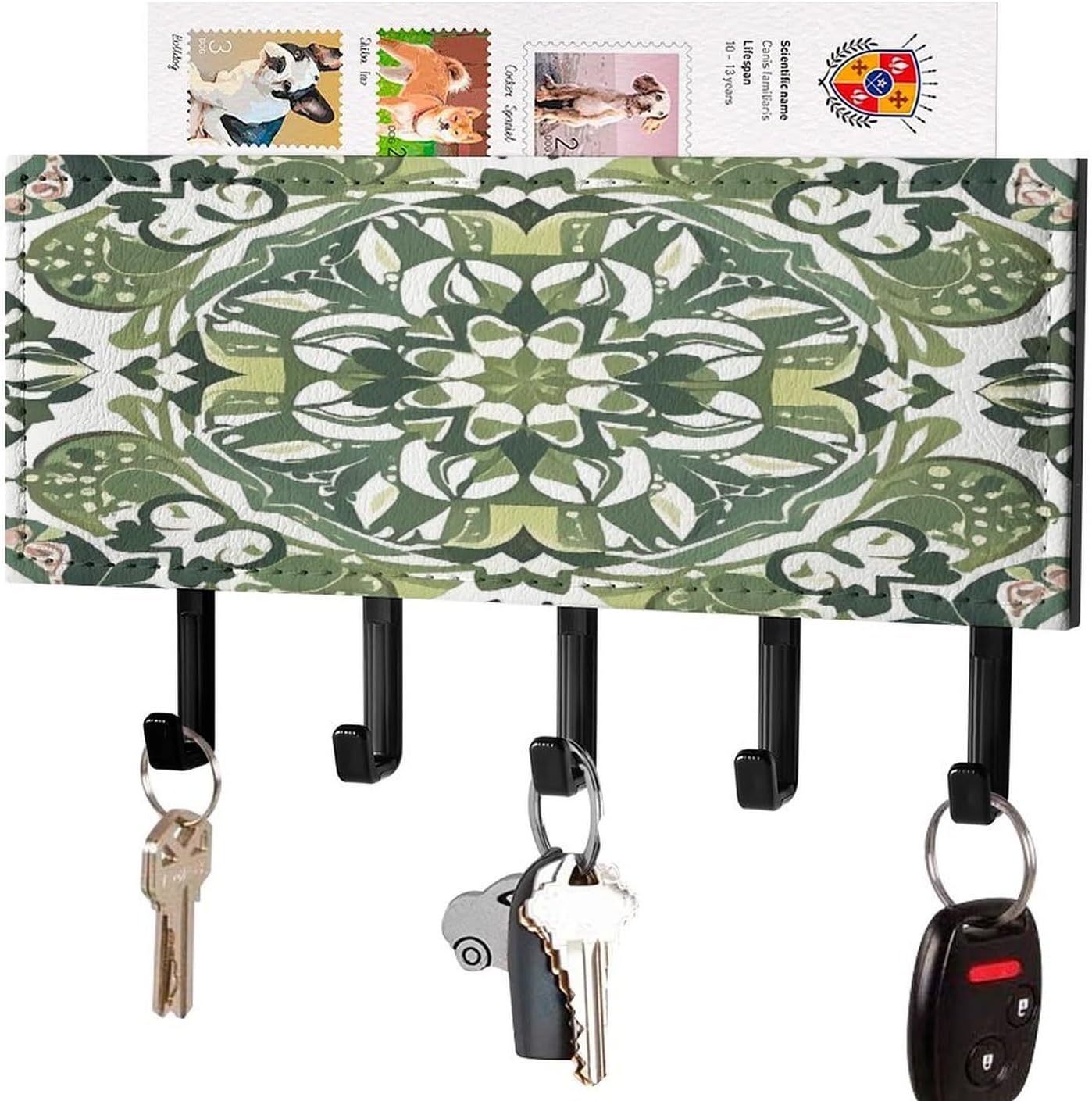 Key Holder Wall Mount Key Hanger with 5 Hooks, Decorative Key Rack | Green Decorative Pattern Hanging Key Hooks with Mail Organizer for Wall Living Room Kitchen Bathroom Hallway