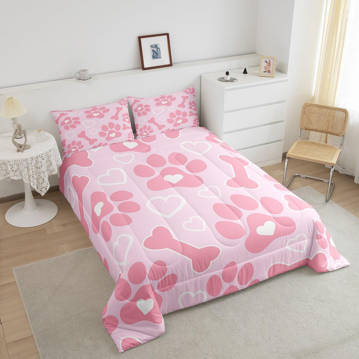 Feelyou Valentines Day Dog Paw Print Bedding Set Twin Size Pink Comforter Set for Girls Lovers Love Heart Bone Adult Duvet Set Cartoon Cute Quilt Set 2Pcs