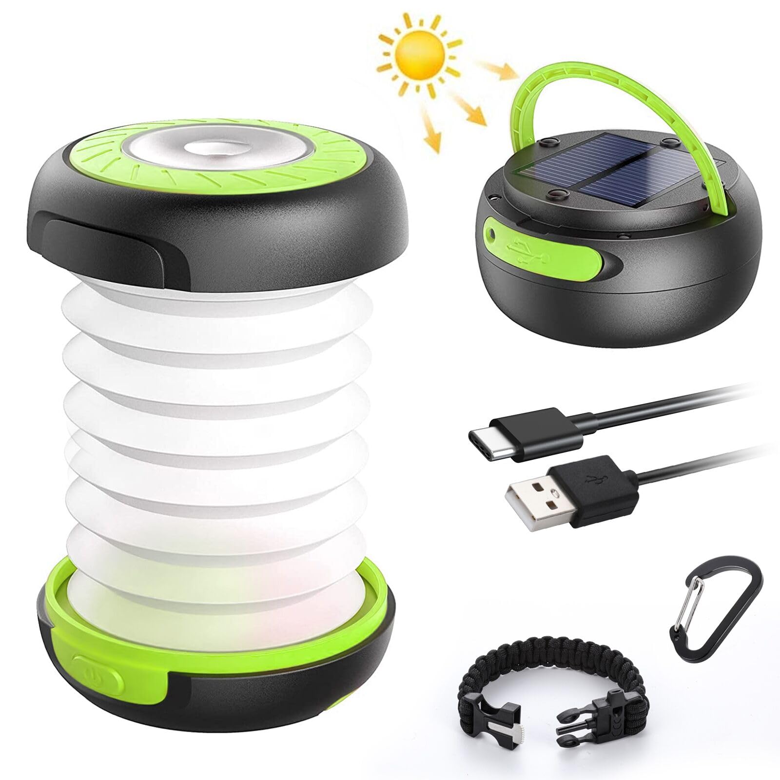 GlobaLink LED Campinglampe Faltbare Solar Camping Laterne Energienbank mit 2 Lademethoden (Solar/USB) und 3 Lichtmodi für Camping, Angeln, Notfall -inkl. Survival Armband mit Pfeife(grün)